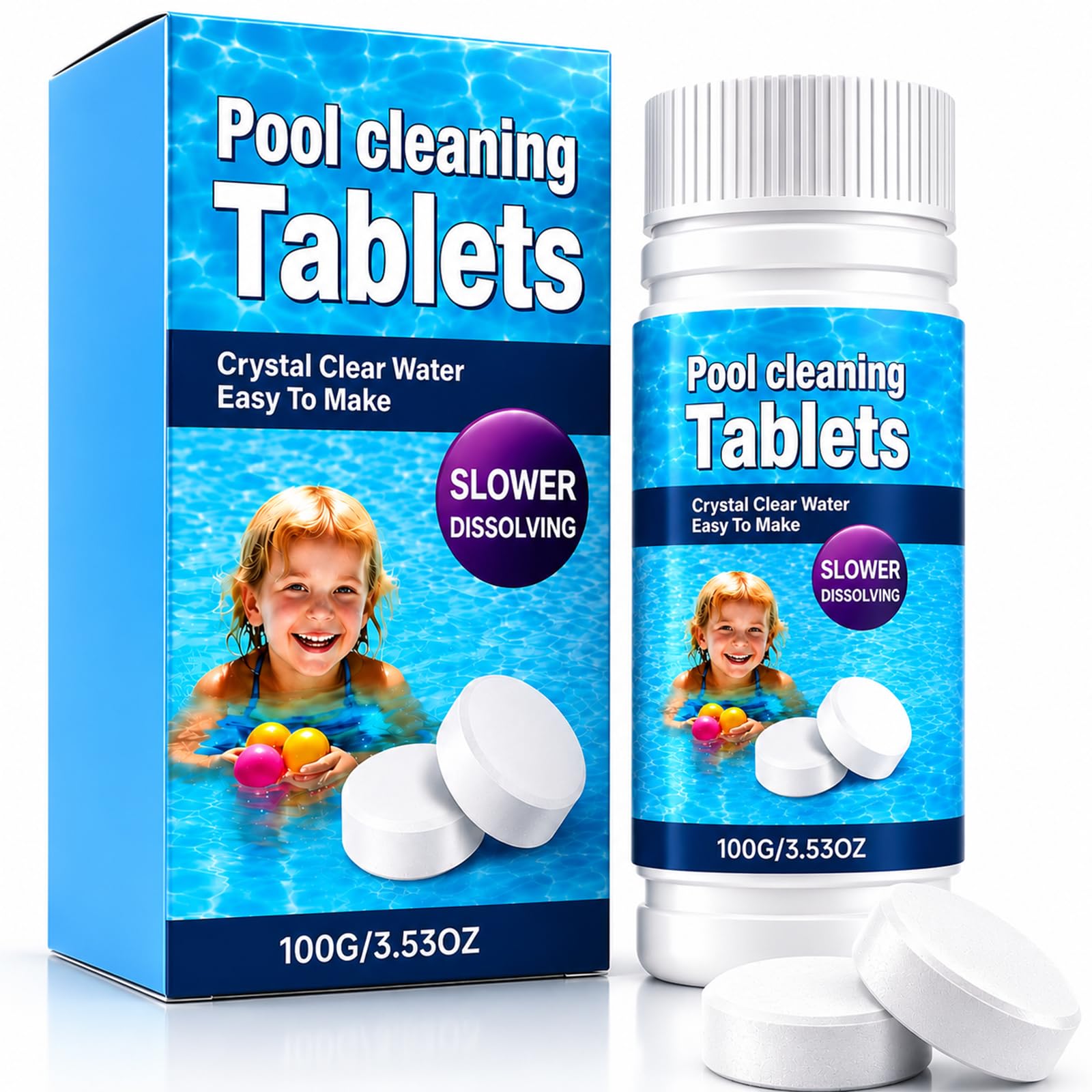 Chlorine Tablets, 100pcs Non-Toxic Chlorine Tablets for Swimming Pool and Spas, Strong Ice Bath Cleaning, Purifies Crystal Clear Water, Hot Tub Chlorine Granules
