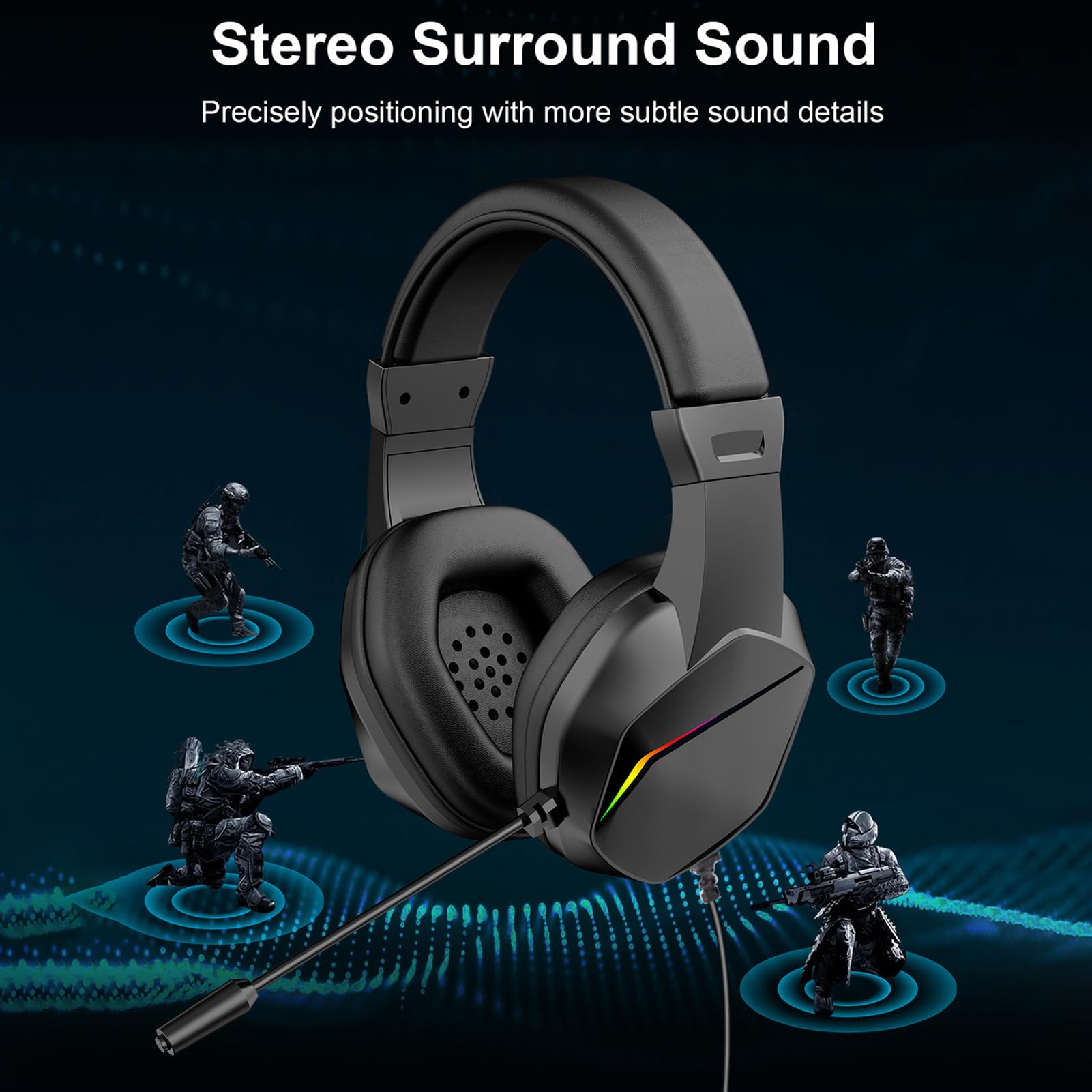 XUMIUZIY Cuffie da Gioco Cablate per PC, Cuffie Auricolari con Cancellazione del Rumore con Microfono, Luce LED, Audio Surround 7.1, Cuscinetti Auricolari in Memory Foam, Driver da 40 (USB)