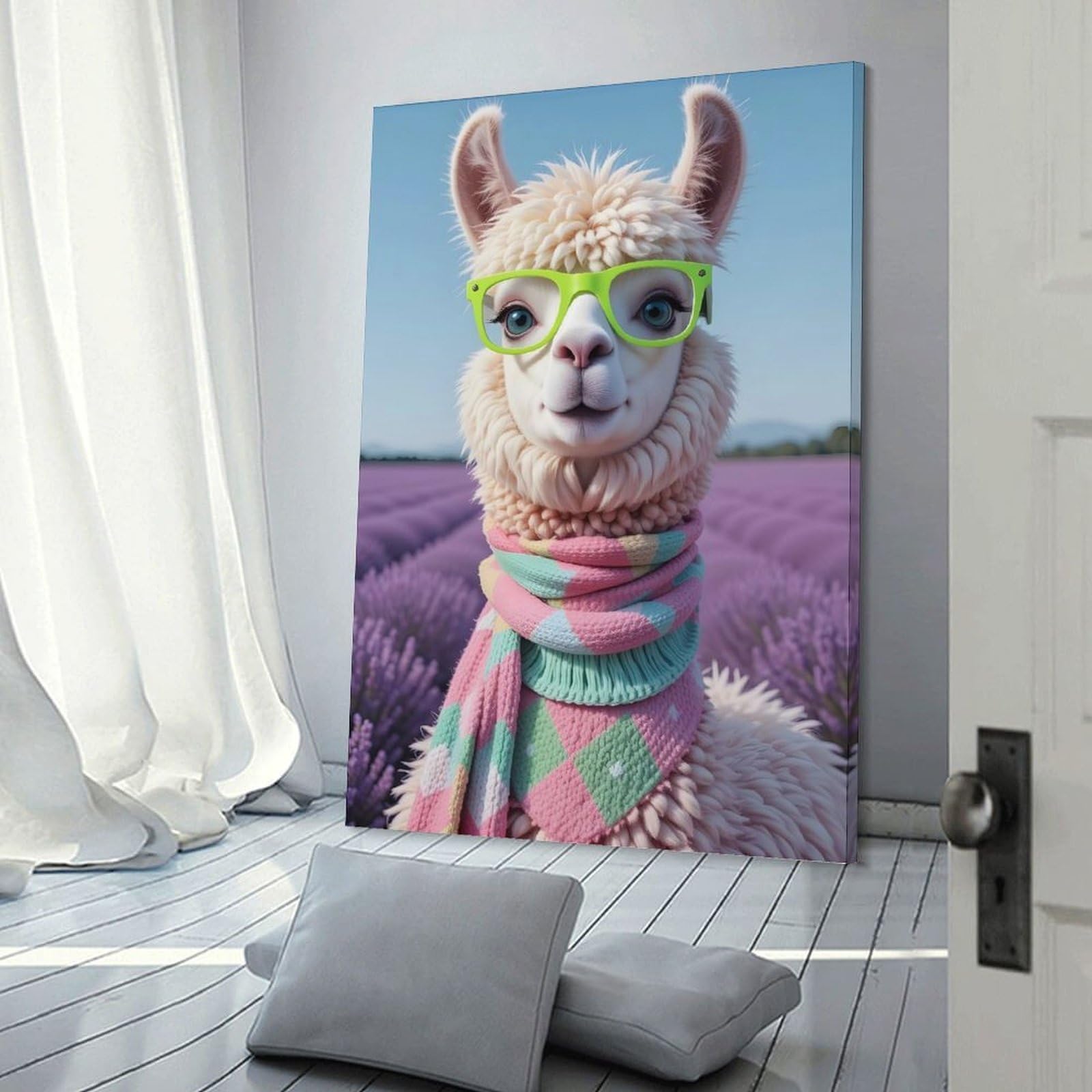 Junmoney Frame-Style-7 Hanging Wall Art Llama With Glasses In Lavender Field, 24X36inch(60X90cm), For Gallery Wall Layouts In Home Or Office, An Easy Match For Collected Prints