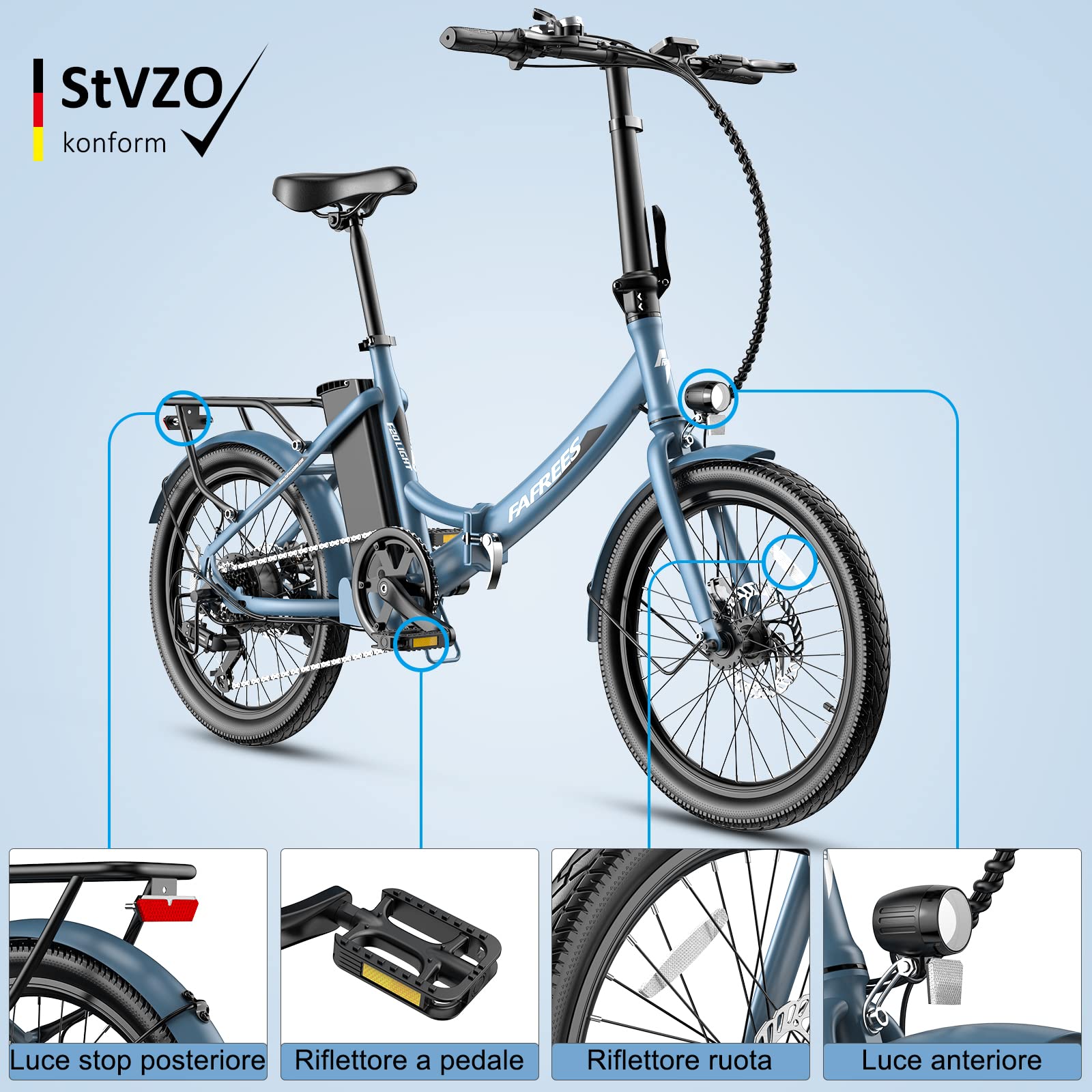 Fafrees Bici Elettrica Pieghevole Donna Uomo 20 Pollici, 36V 16.75Ah Bicicletta Elettrica 250W Ebike da Città, 90KM Pedalata Assistita E-bike, 7 Velocità, F20 Light Upgrade Blu