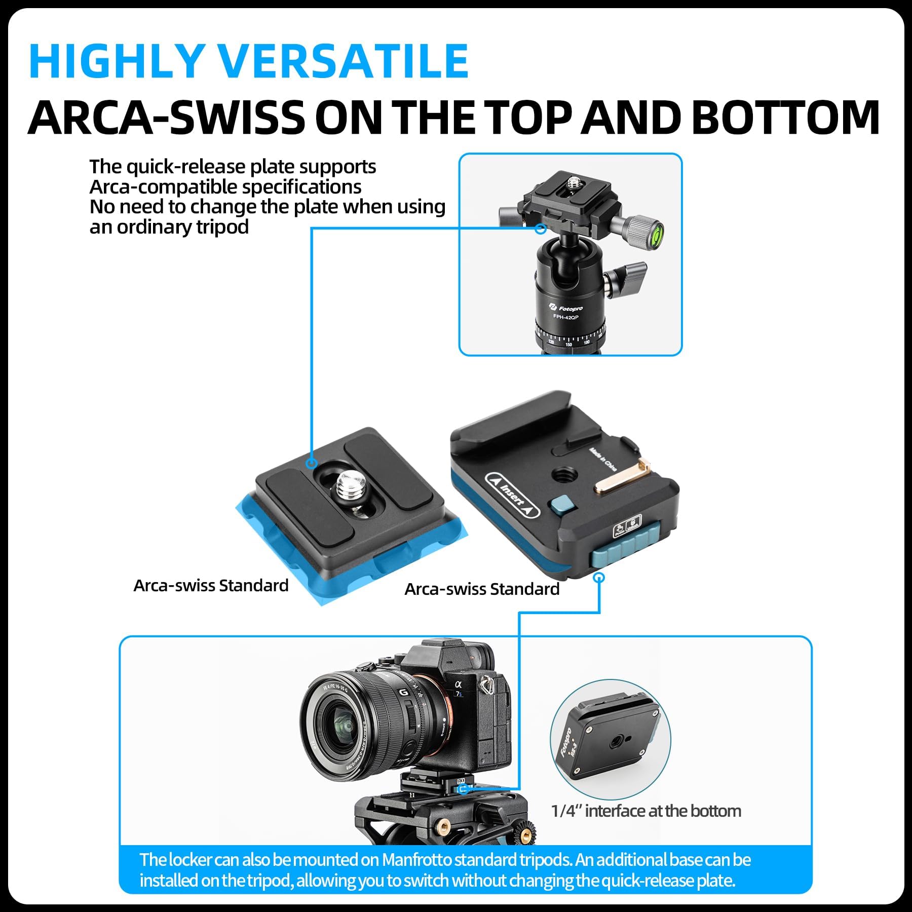 Fotopro RZ-3 - Piastra A Sgancio Rapido Universale Per Fotocamera DSLR/Mirrorless - Kit Con Vite 1/4" Per Gimbal E Treppiede - 5