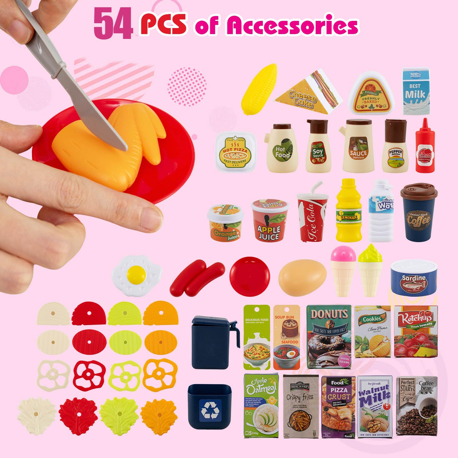 HOMASIS Set Cucina Giocattolo con 54 Pezzi, Gioco da Cucina con Luci e Suoni Realistici, Simulatore di Fornelli con Spruzzo e Lavello con Acqua Automatica, per Bambini dai 3+ Anni (Rosa)