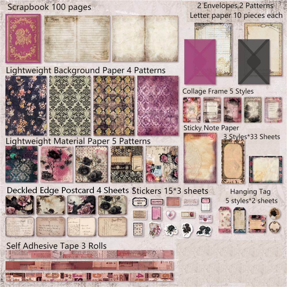 Diuhofart Zestaw przyborów do scrapbookingu w stylu vintage, 185 szt., z artykułami do dziennika, papier do scrapbookingu, estetyczny notatnik, zestaw do scrapbookingu, rękodzieło artystyczne, prezent