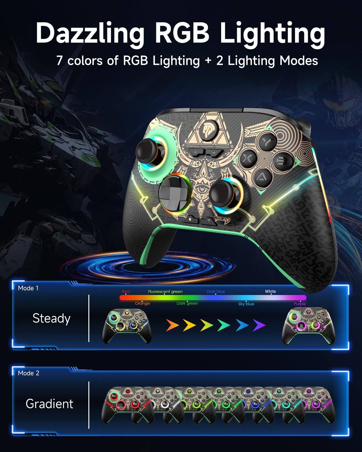 EasySMX X15 Wireless Controller per PC con 7 luci RGB, Joystick Hall, Trigger Hall, Pulsanti programmabili - Compatibile con PC/Switch/Telefono/Tablet-Adatto per regali