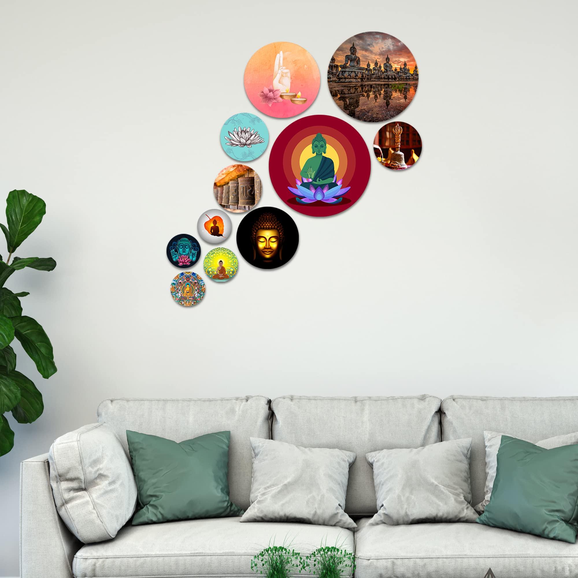 Artvibes Spiritual Buddha Meditation Round Shape MDF Wooden Wall Decor Items | Wall Art Painting For Hall | Wall Paintings | Handcrafted Art | Ethnic Wall Decor | Gift Items (WPS_110NN), Set of 11 2