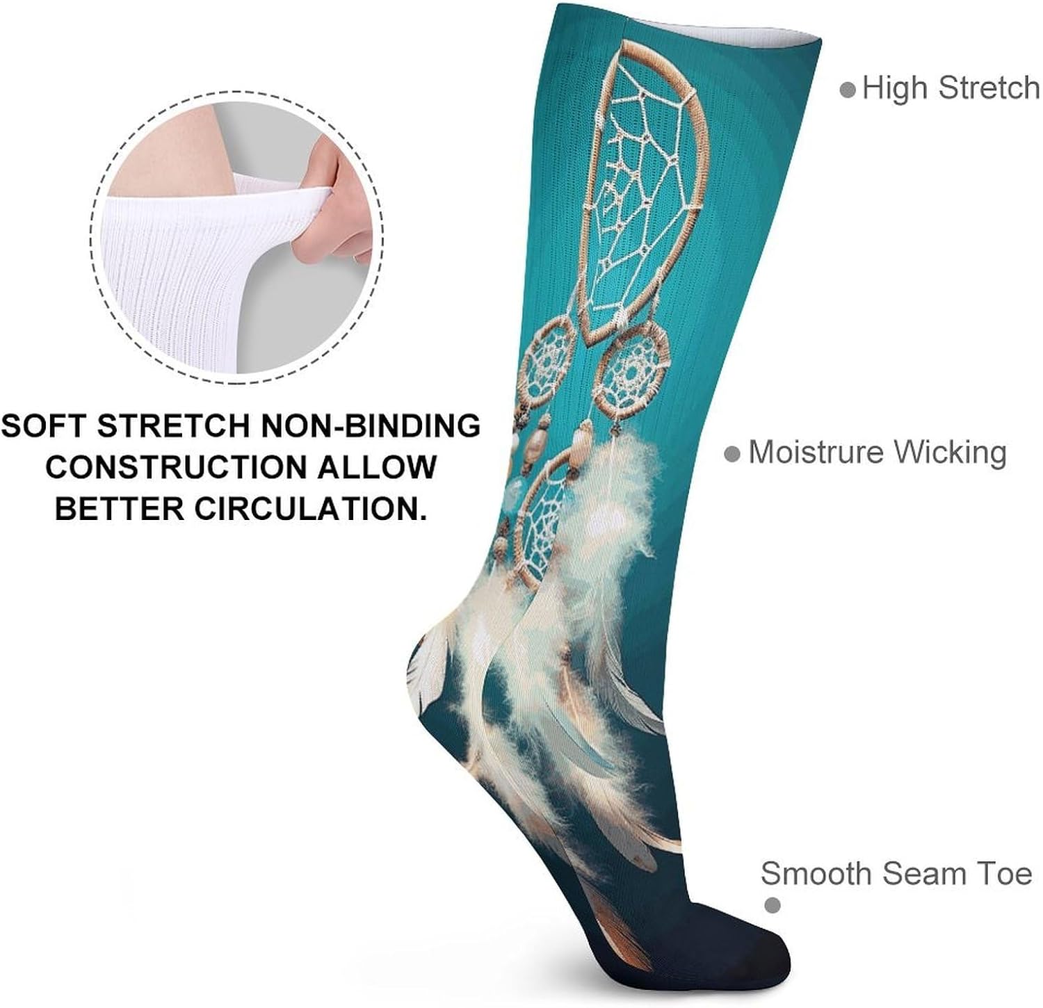 White Dream Catcher Feather Knee High Socks Cozy Knee High Socks Soft Mid-Length Sock for All Seasons Daily Wear Adult