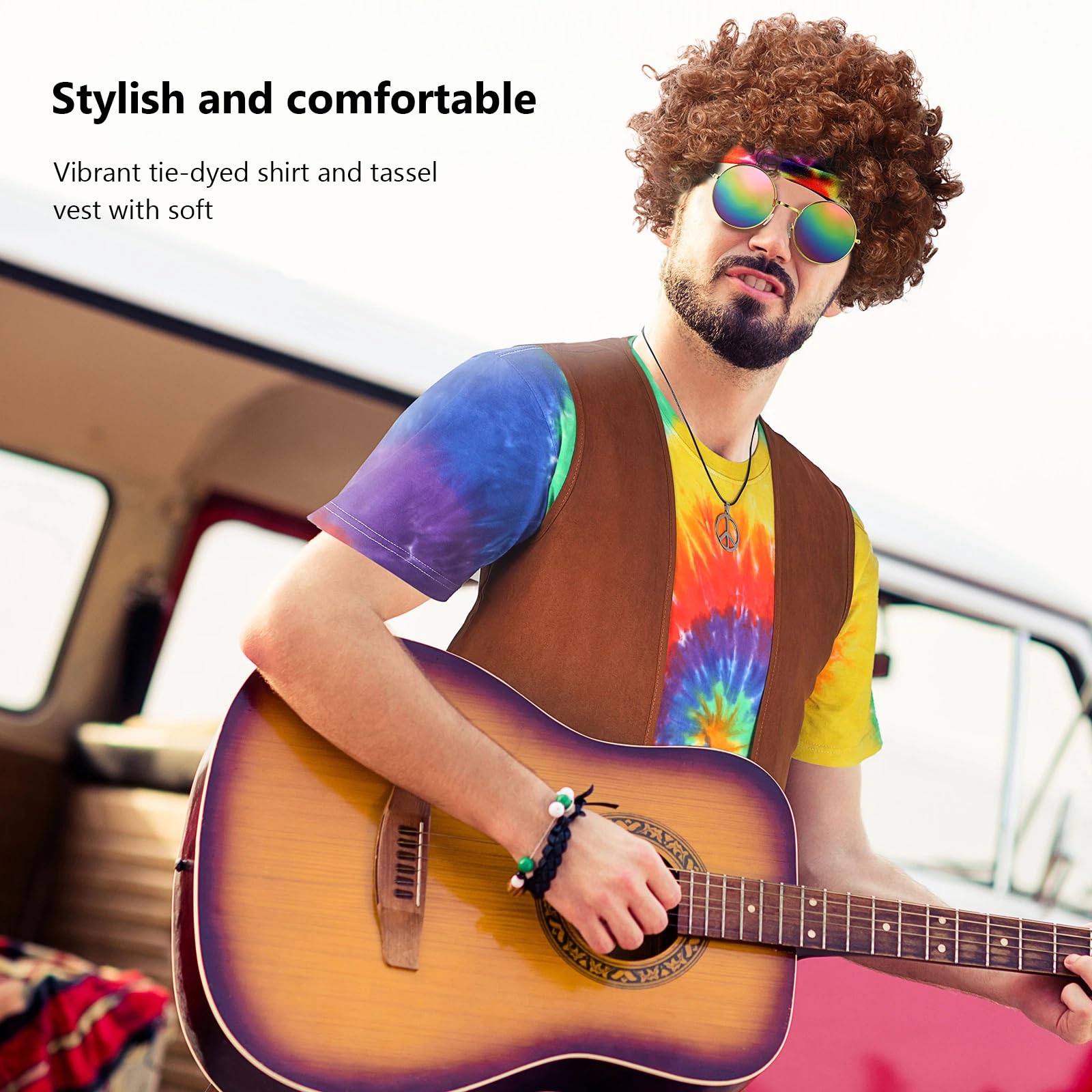 Sintuff Ensemble de costume hippie 6 pièces pour homme - Accessoires pour carnaval, fête d'Halloween des années 60 et 70