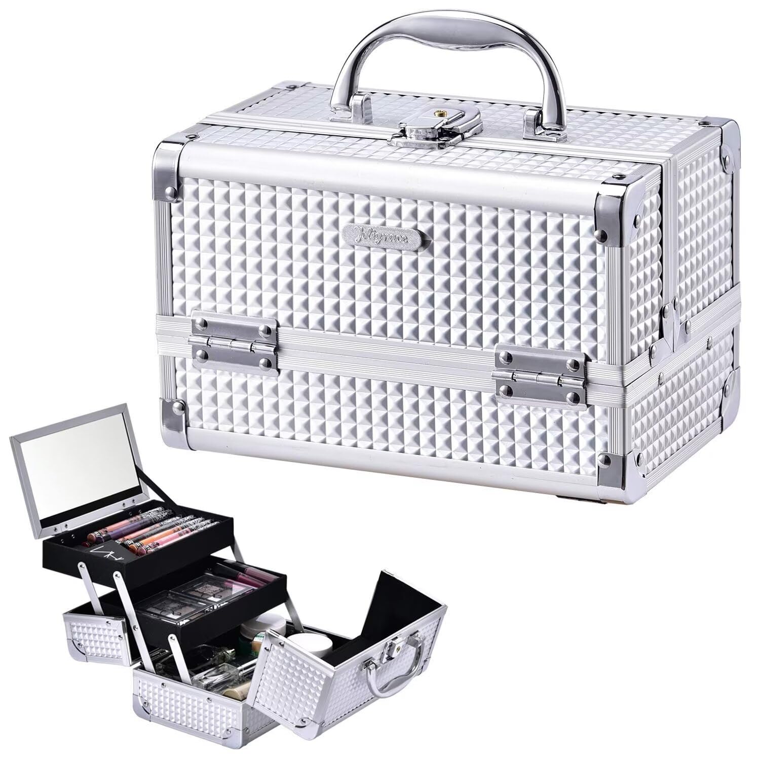 JoligraceMakeup Box Cosmetic Train Case Jewelry Organizer Lockable with Keys and Mirror 2-Tier Tray Portable Carrying with Handle Travel Storage (Classic Silver)