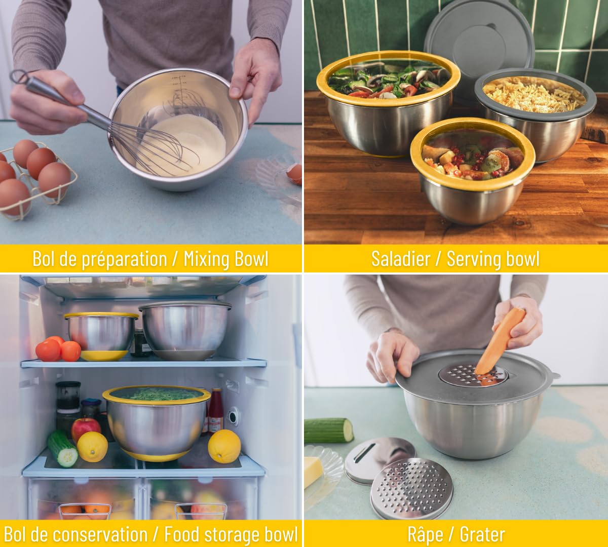 PIKA Set di 3 ciotole in acciaio inox con coperchi in vetro + 3 grattugie integrate | Culo di gallina inox 4 in 1 | Impilabili | Ideale per pasti, pic-nic, preparazione
