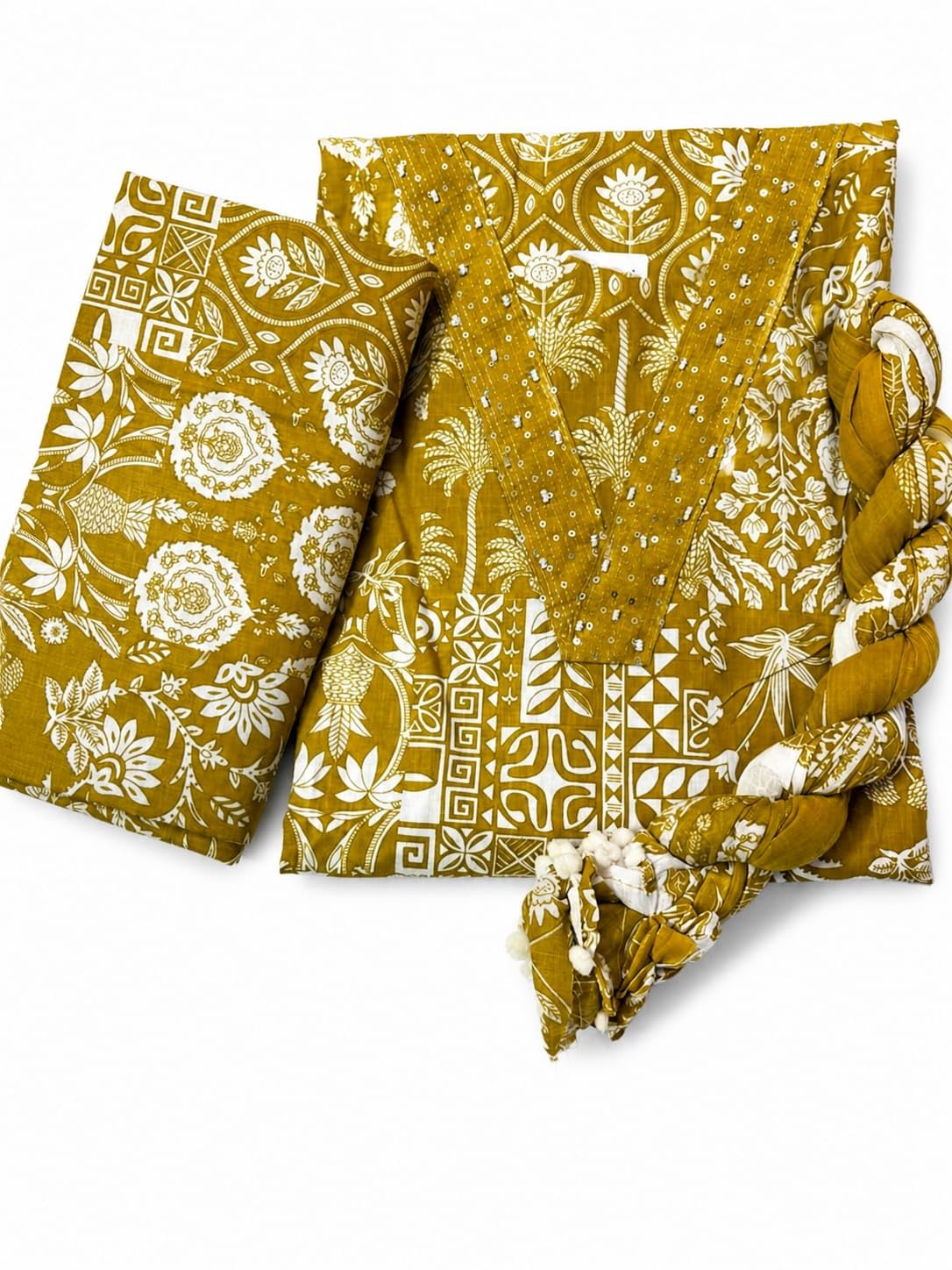 Jyotiramya Fashion Suits, Unstiched Suits,Mustard Yellow Floral Block Print Kurta Set, Cotton, Ethnic Boho Style, Women's Salwar Suit, Dress Material-image-44