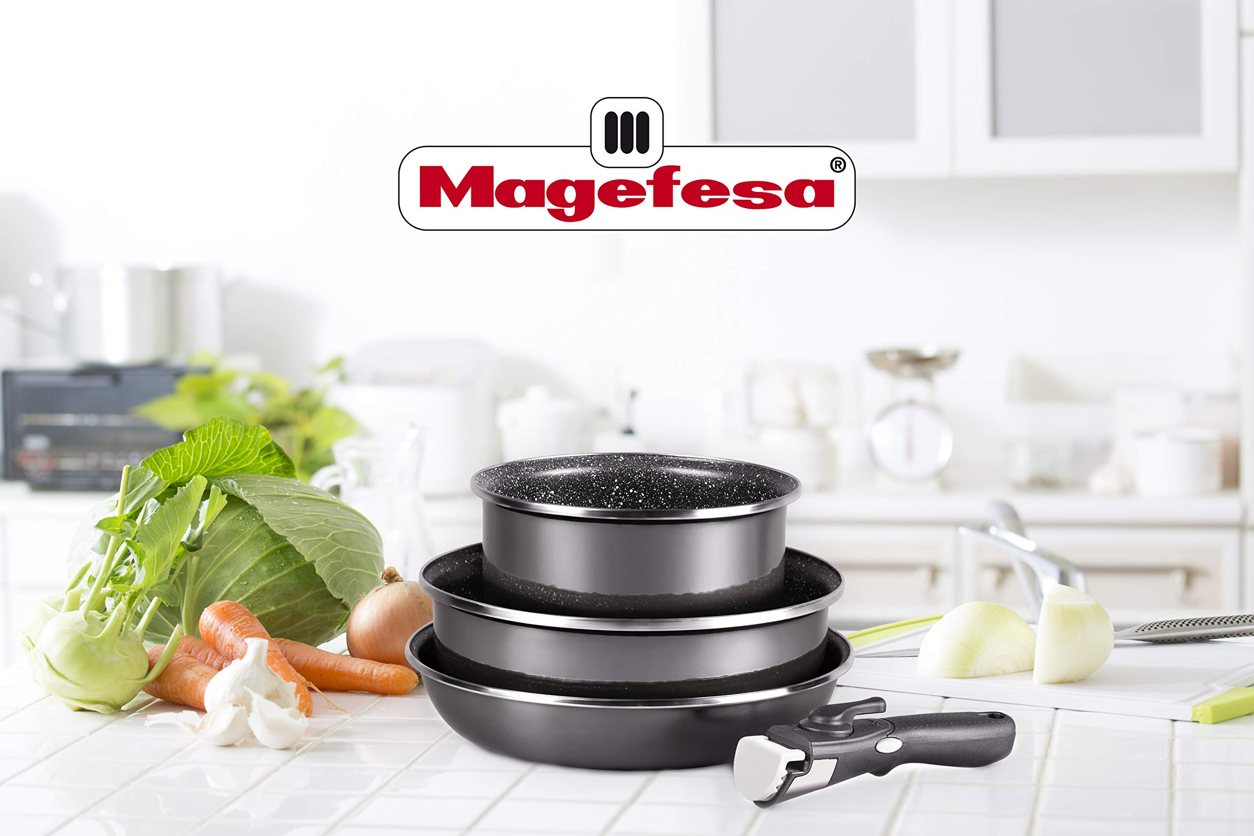 MAGEFESA K2 Cristal Batterie Cuisine Induction avec poignée amovible. Set Casserole 20 cm, Poêle 28 cm et Sauteuse 26 cm