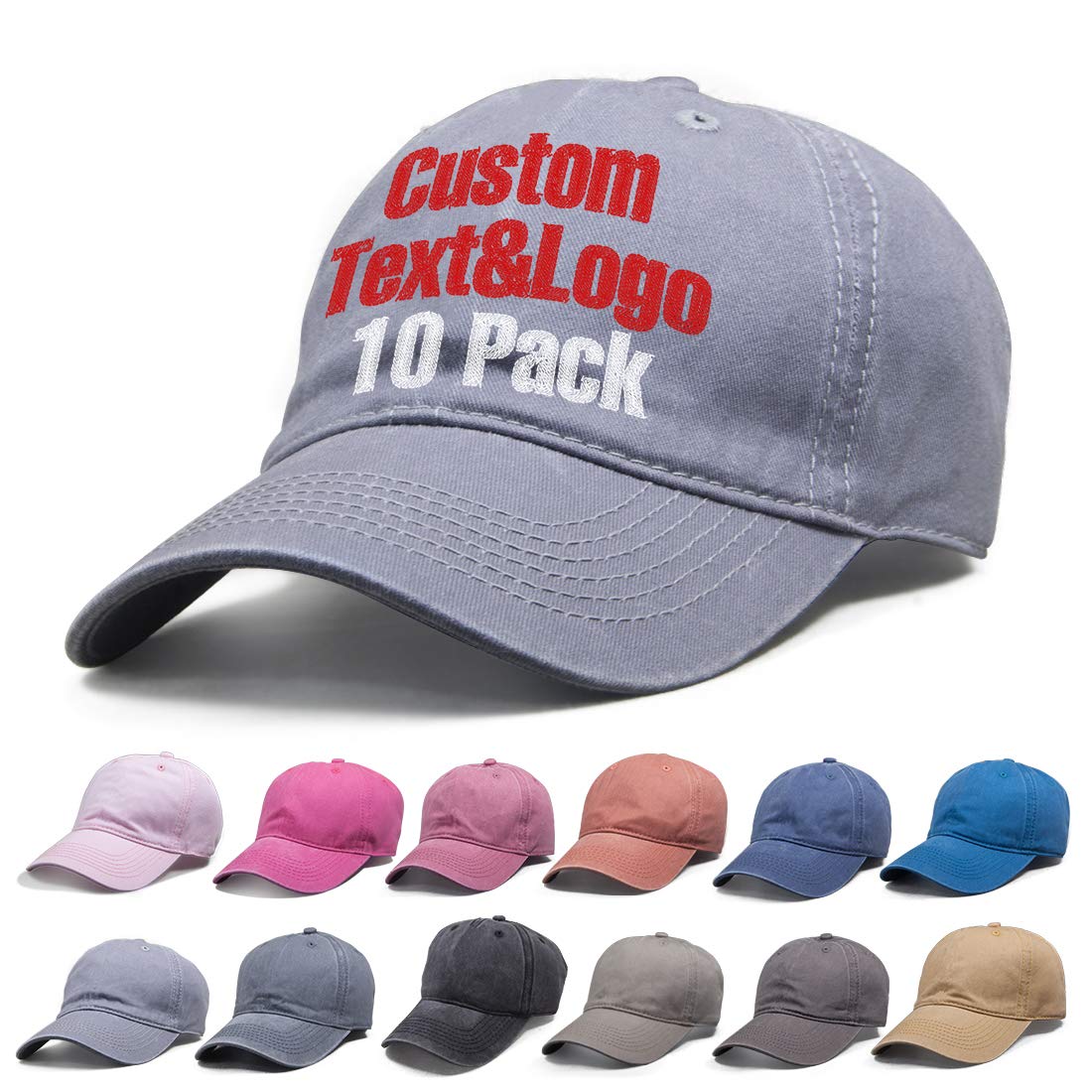 Paquete de 10 gorras de béisbol personalizadas en la parte delantera y trasera, 100 % algodón, bordado personalizado, paquete de 10 unidades, Lona lavable, 7 1/4/7 3/4
