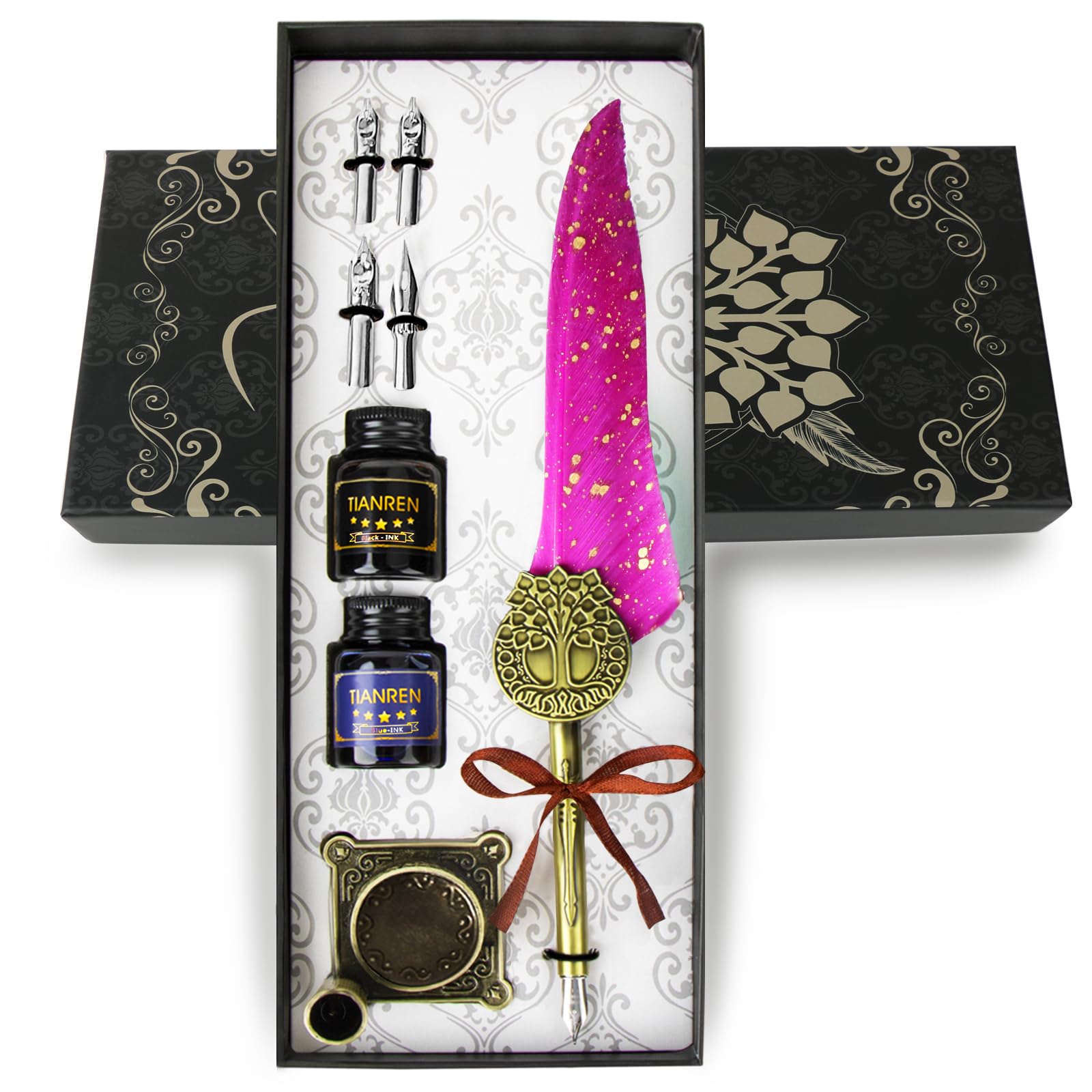 TIANREN Feather Pen and Ink Set,quill pen ink set,Antique Calligraphy Pen with 4 Replaceable Nibs,2 Bottle of ink,Pen Holder Christmas Gift for Men&