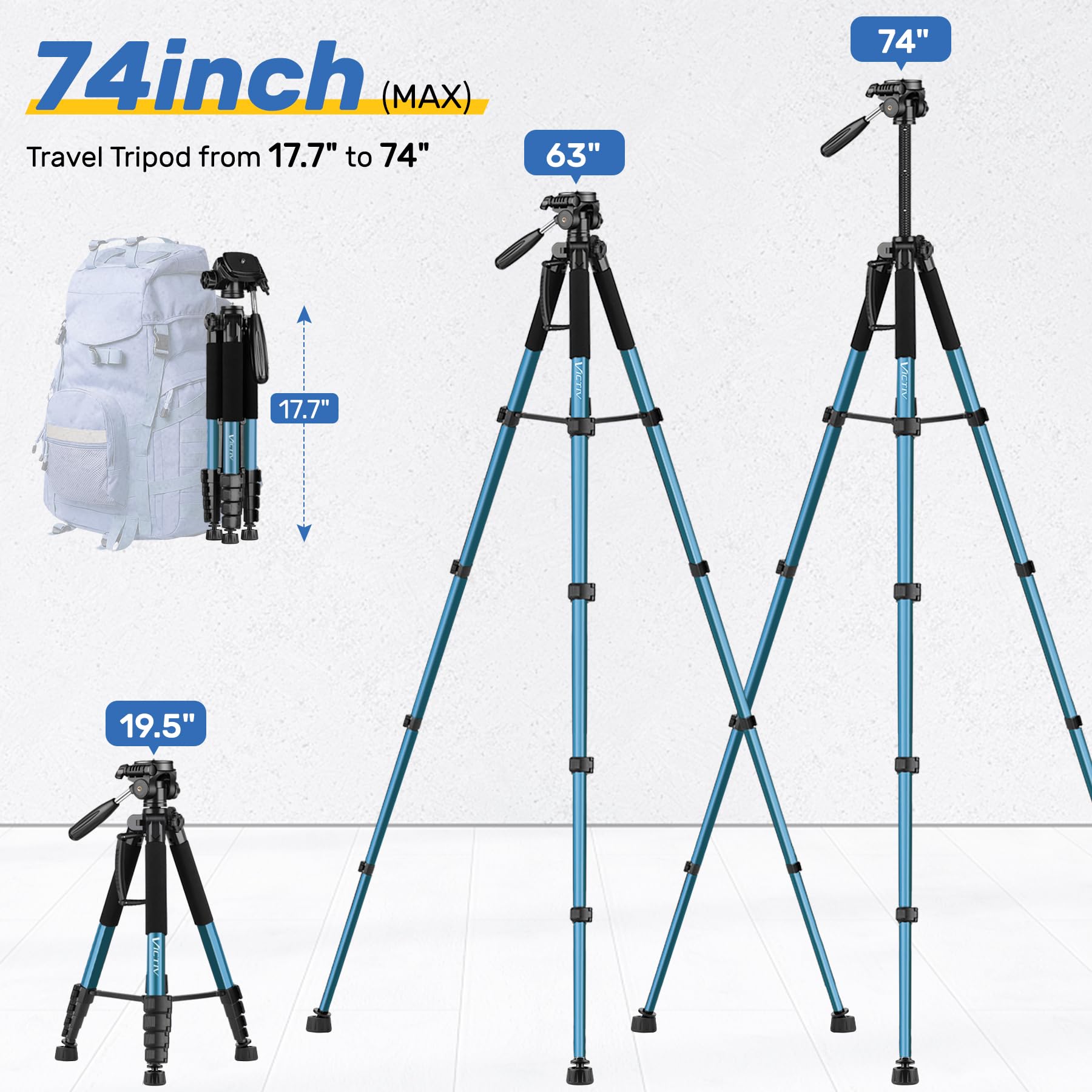 Victiv 188cm statyw fotograficzny, lekki i kompaktowy statyw podróżny do lustrzanek cyfrowych Canon Nikon Sony z odłączaną głowicą 3-kierunkową, pilot zdalnego sterowania – niebieski