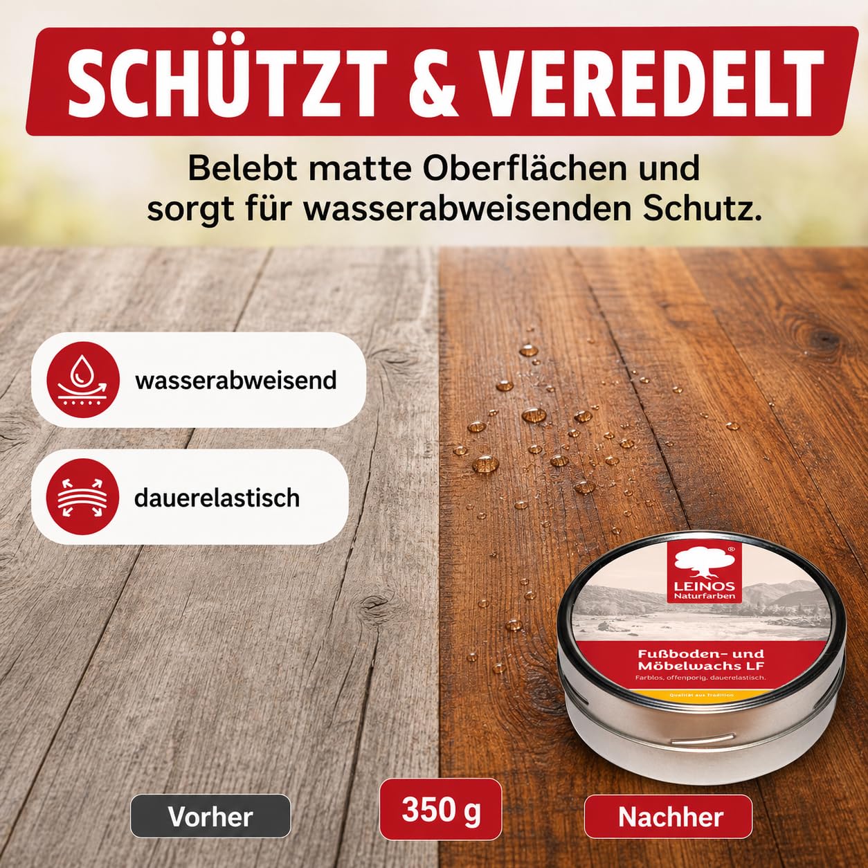 LEINOS Fußboden- & Möbelwachs LF 310 | 350 gramm Natürliches Hartwachs für Innenbereiche | Atmungsaktiver Schutz für Holz, Kork, Tonfliesen | Reines Naturwachs mit Bienen- & Carnaubawachs