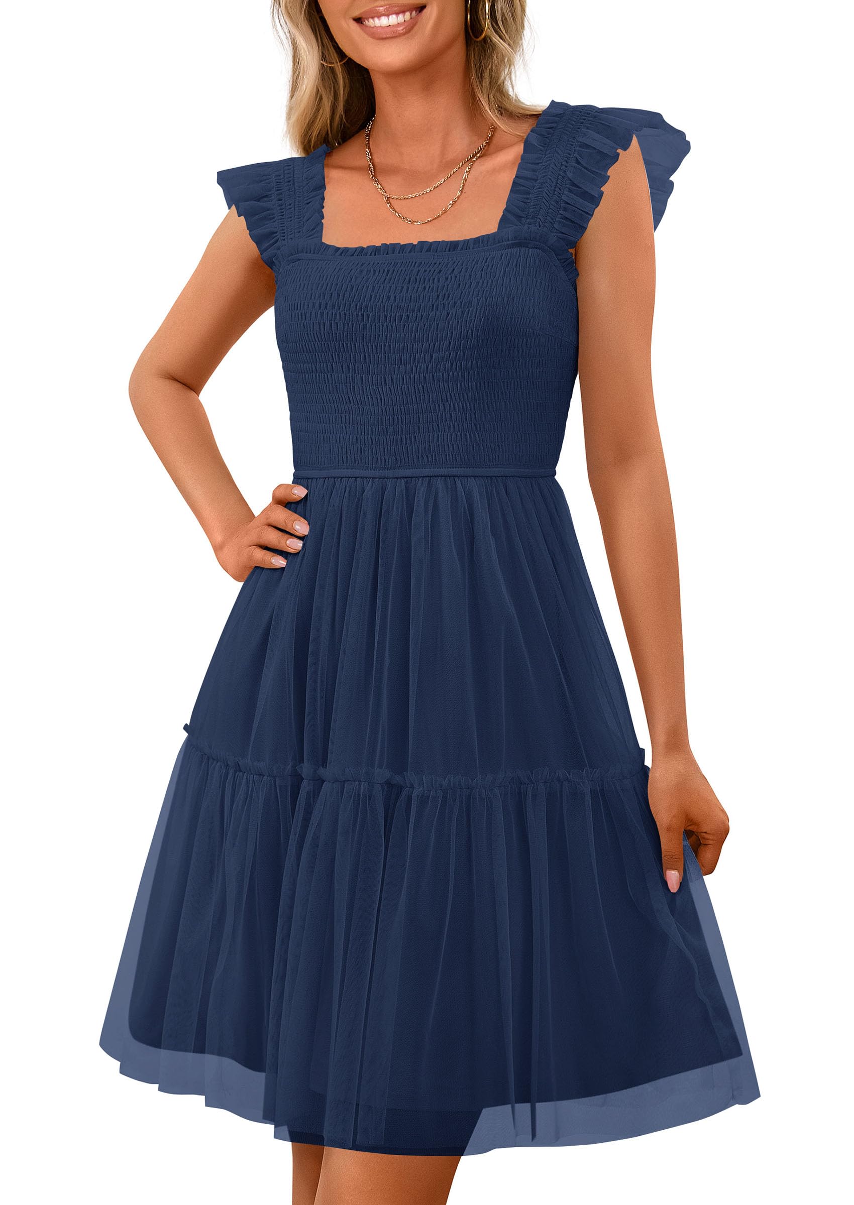 PRETTYGARDEN Womens 2025 Trendy Mini Summer Dresses Sleeveless Tulle Ruffle Square Neck Tiered Smocked Beach Vacation Dress