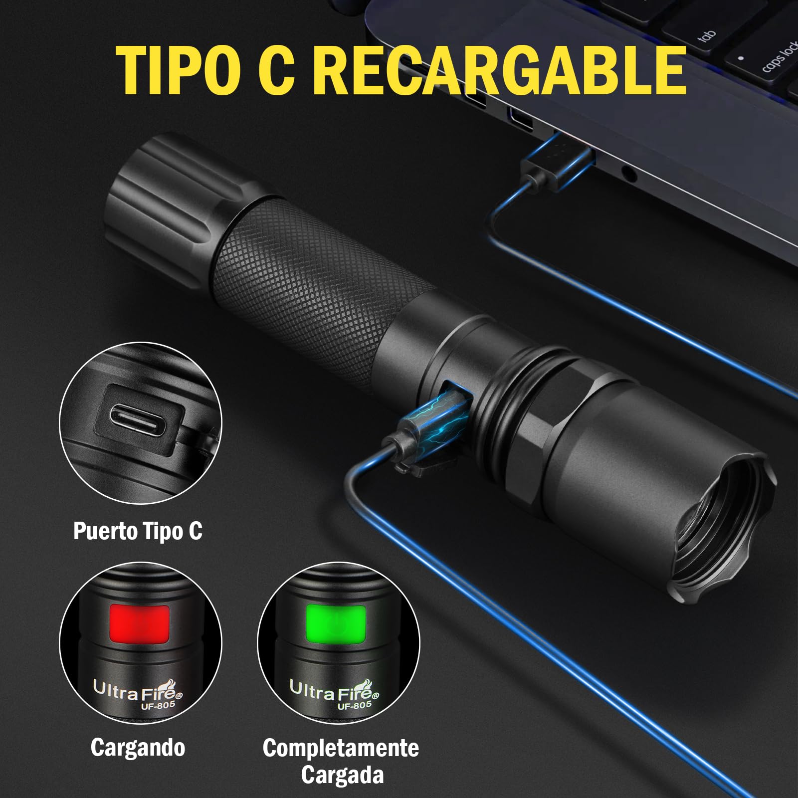 Ultrafire Linterna LED Recargable Tipo Varita de Tráfico, Luz de Seguridad de Señalización de 619 Lúmenes, 3 Modos para Control de Tránsito, Señalización de Aeronaves, Seguridad Policial