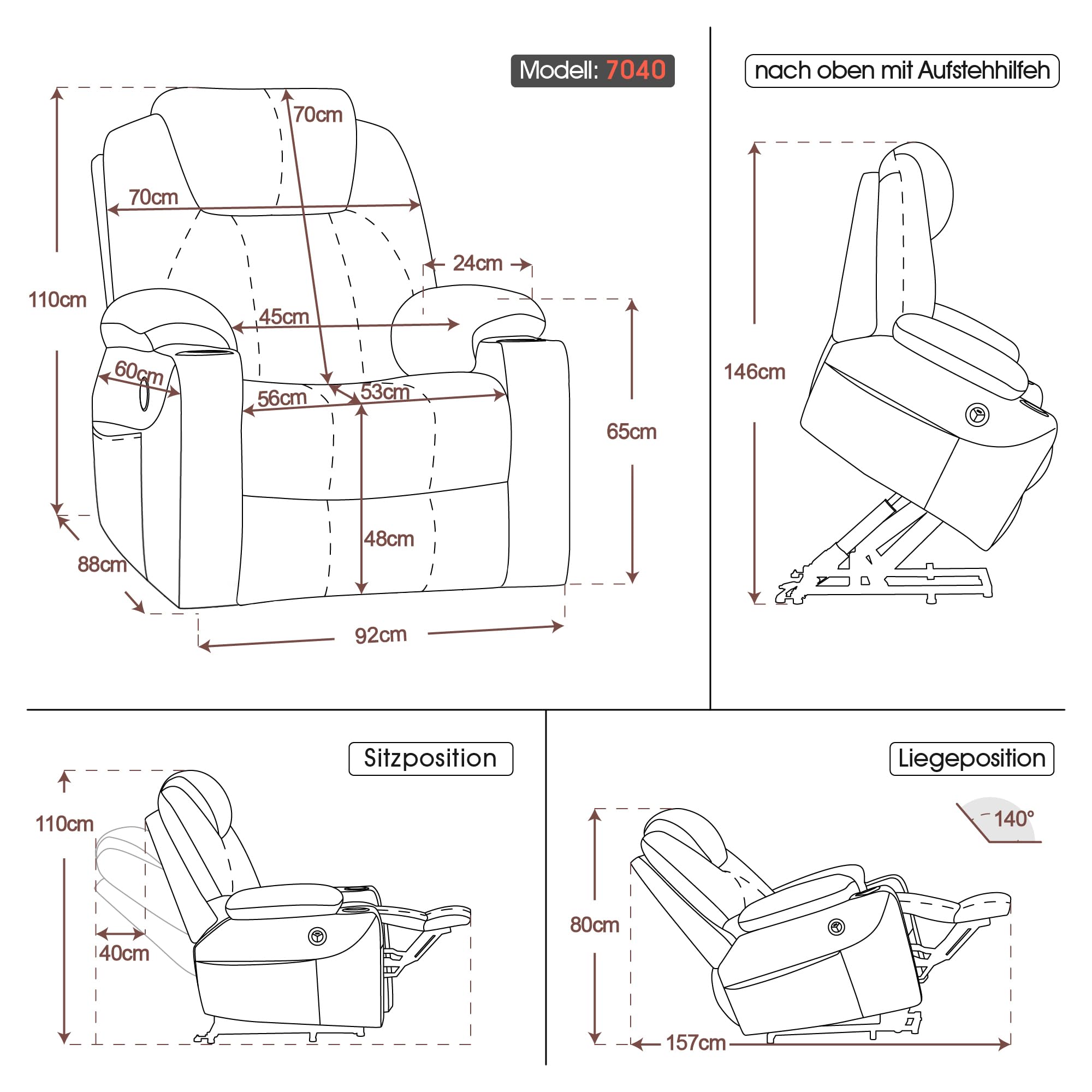 M MCombo Fauteuil Relax avec Aide à la levée électrique, Fauteuil Relax avec Fonction Inclinaison jusqu'à 140°, Massage et Chauffage, avec Port USB, 7040 (Gris-Tissu)
