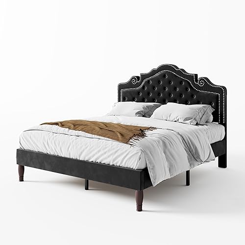 Miniatura 8 de WEEWAY Base de cama Queen con cabecero curvado de tiara ajustable de terciopelo y alta resistencia, plataforma tapizada con botones de diamante con