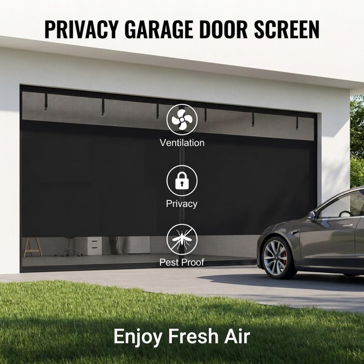 Sichtschutz Garagentor Magnetvorhang, Insektenschutz Fliegengitter für Garage Balkontür Terrassentür, Montage ohne Bohren, Robustes Glasfaser Garagennetz, Schwarz(W488 x H213 cm (W16 x H7 ft))