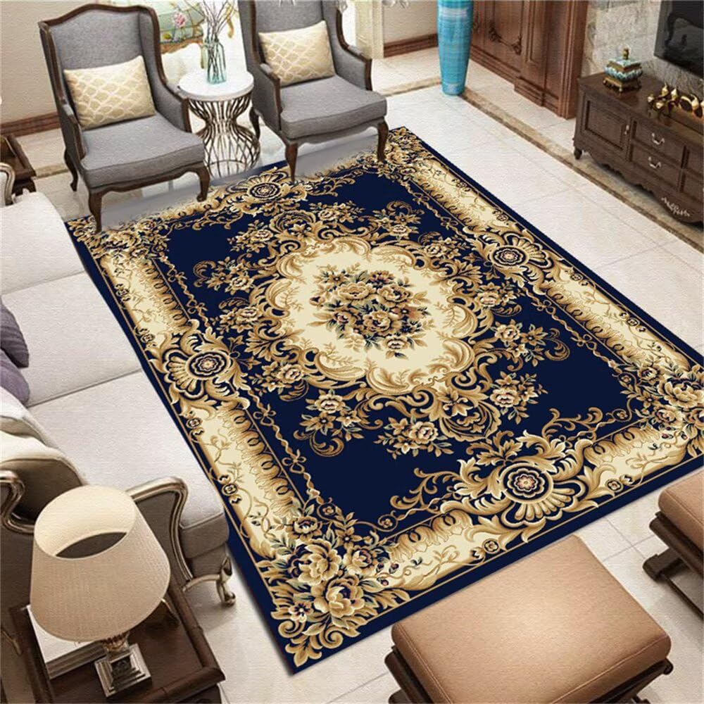 Tapis de jeu bleu floral vintage créant un coin doux au salon