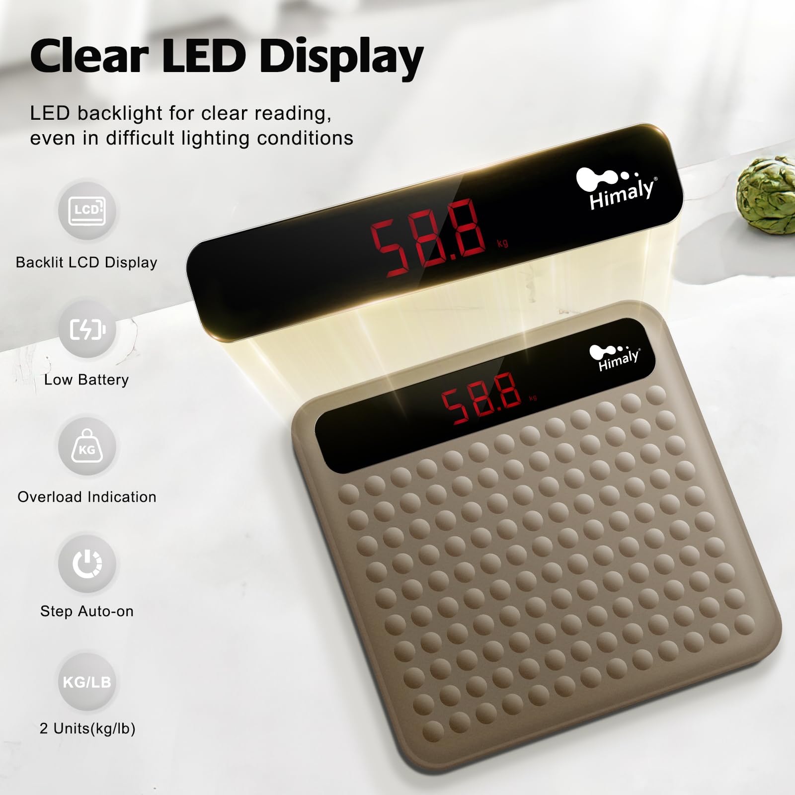 himaly Bilancia pesapersone digitale per bagno, tecnologia Step-On, misura ad alta precisione con grande piattaforma in silicone antiscivolo e display digitale LCD, capacità 180 kg, marrone
