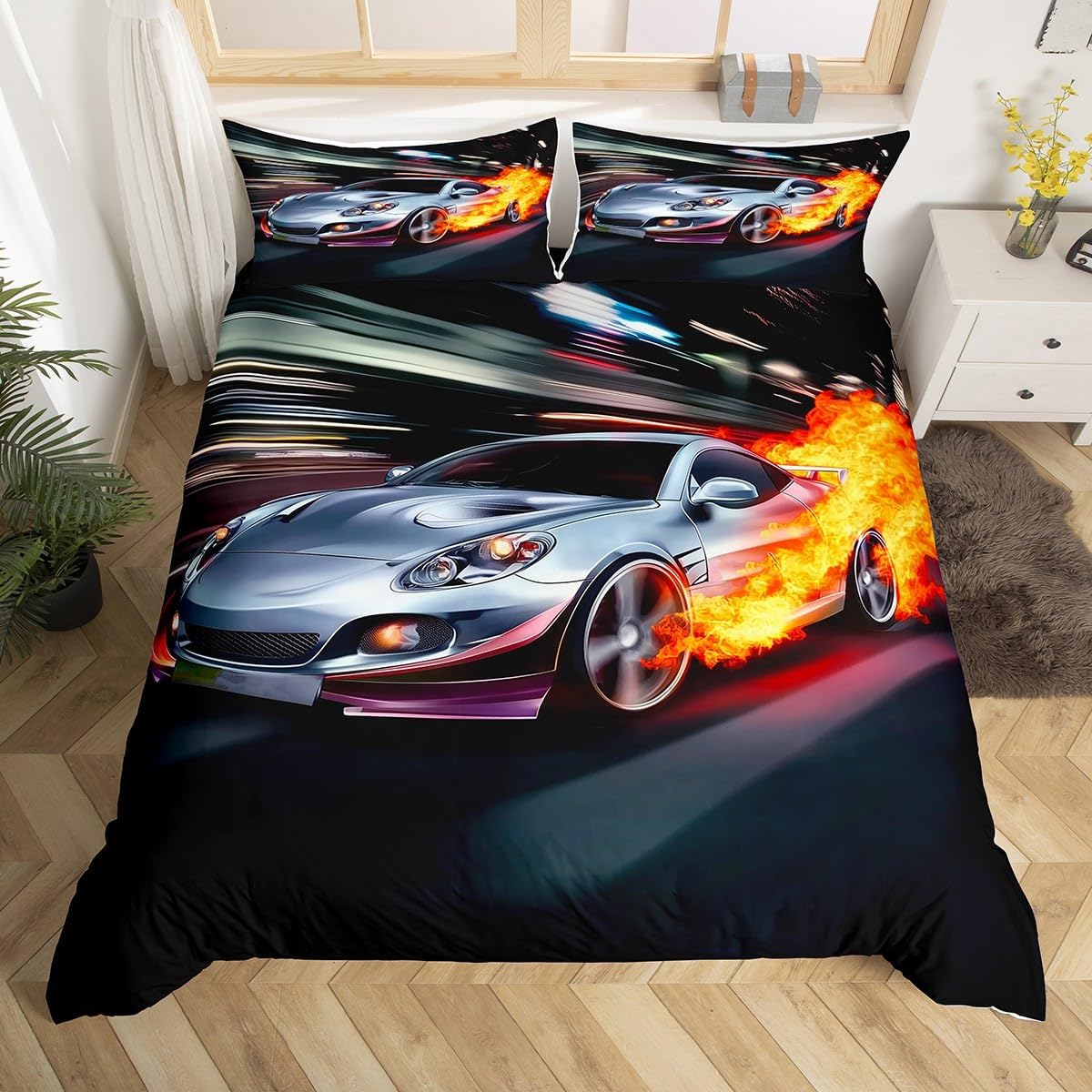 Erosebridal Race Car Duvet Cover Cool Speed Racing Car Comforter Cover Full Size for Kids Boys Teens Adult Automobile Extreme Sport Bedding Set Golden Flame Bedspread Cover with 2 Pillow Cases