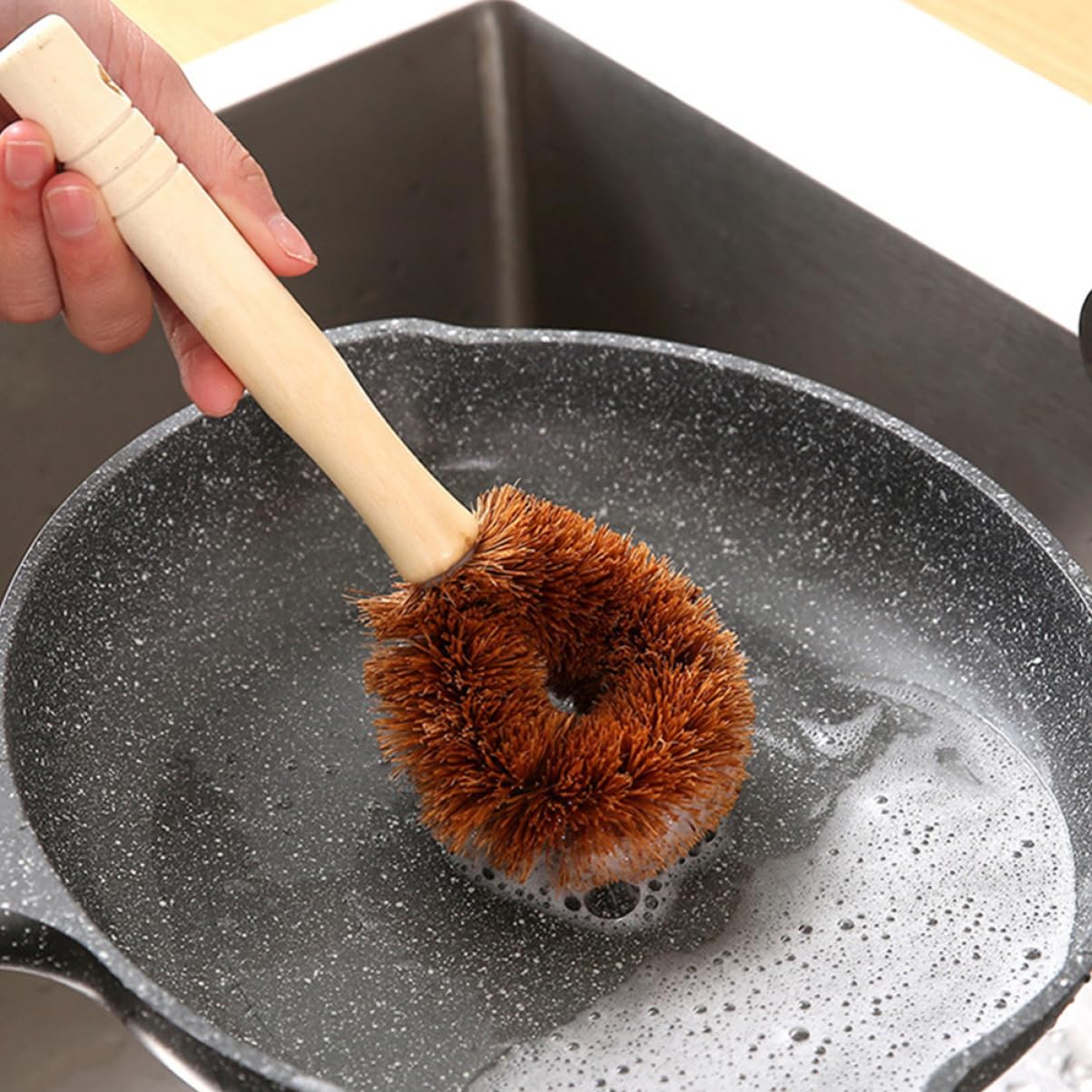 Cepillo de cocina de fibra de coco, limpiador de mano para fregadero de cocina, cepillo de limpieza de mango largo para platos y sartenes, limpiador de goma para un fregado eficiente