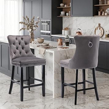 Bar Stools Set of 2,Velvet Upholstered Counter Height Bar Stools with Back,Modern Kitchen Island Chairs with Wood Legs Nailhead Trim for Kitchen/Dining Room/Bar,Grey