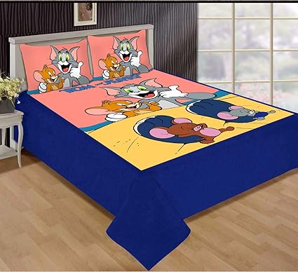 MostlyHomely Cartoon Character Tom and Jerry Design for Kids Velvet Double Bed Queen Size 90 X 100 inch Queen Size Pure Glace Cotton bedsheet Set for Kids with Two Pillow Covers Stylish