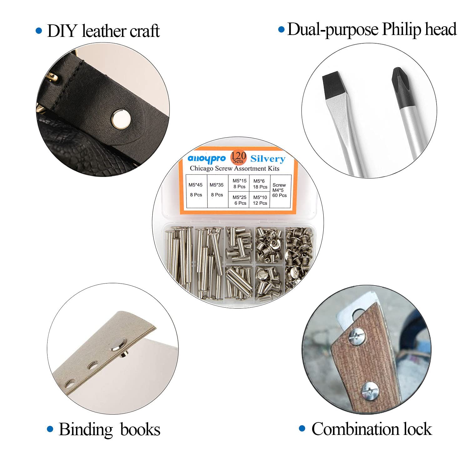 120 Pcs (60 Pair) M5 x 6/10/15/25/35/45 Silvery Phillips Chicago Screws Binding Screw Posts,Scrapbook Photo Albums Binding Screws Assorted Kit 6 Sizes for Leather Saddles Purses Belt Repair