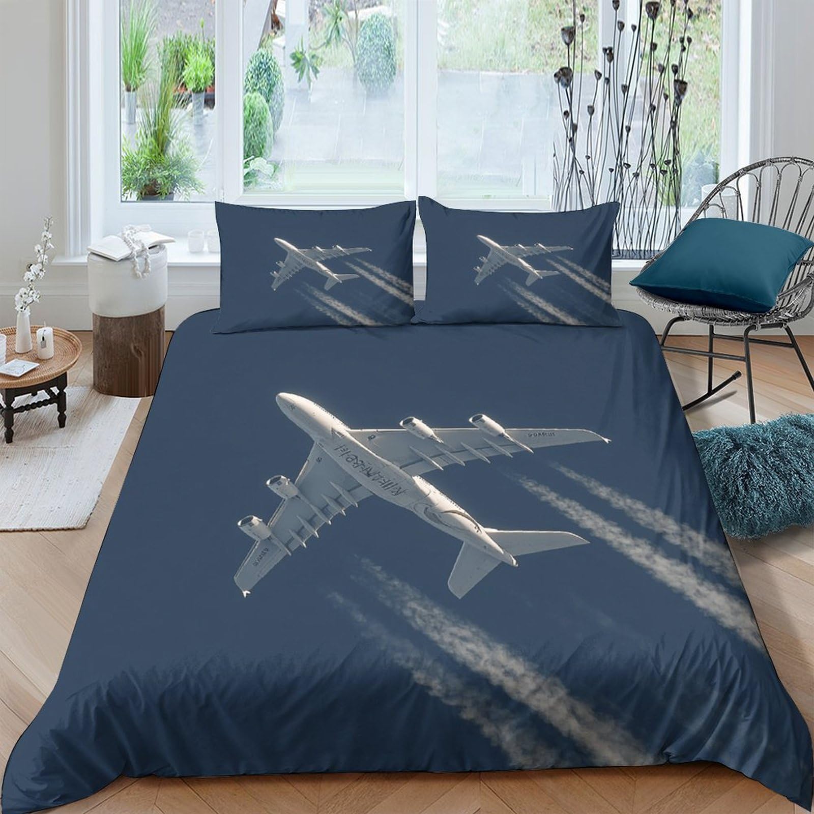 GPLZQXKJNH 3D Printed Airplane Sky Duvet Cover Microfiber Soft Breathable Contrail Bedding Set with 2 Pillowcases for Bedroom Decor Single（135x200cm）
