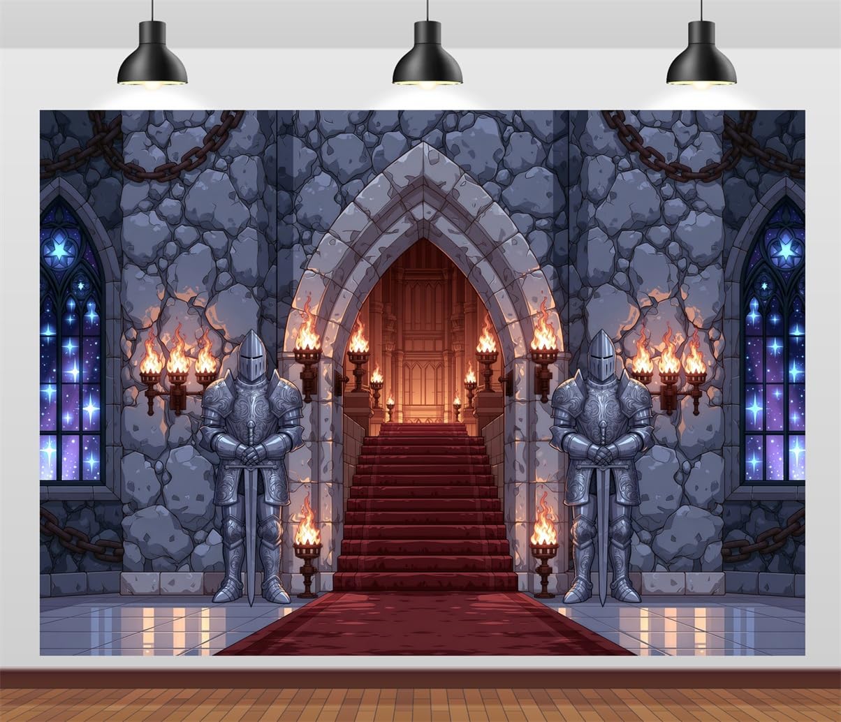 BELECO 4.6x2.5m Sfondo in tessuto Castello Medievale | Statue Cavalieri Arco In Pietra Torce Tappeto Rosso Finestra In Vetro Gotica Sfondo Fantastico Telo Di Sfondo