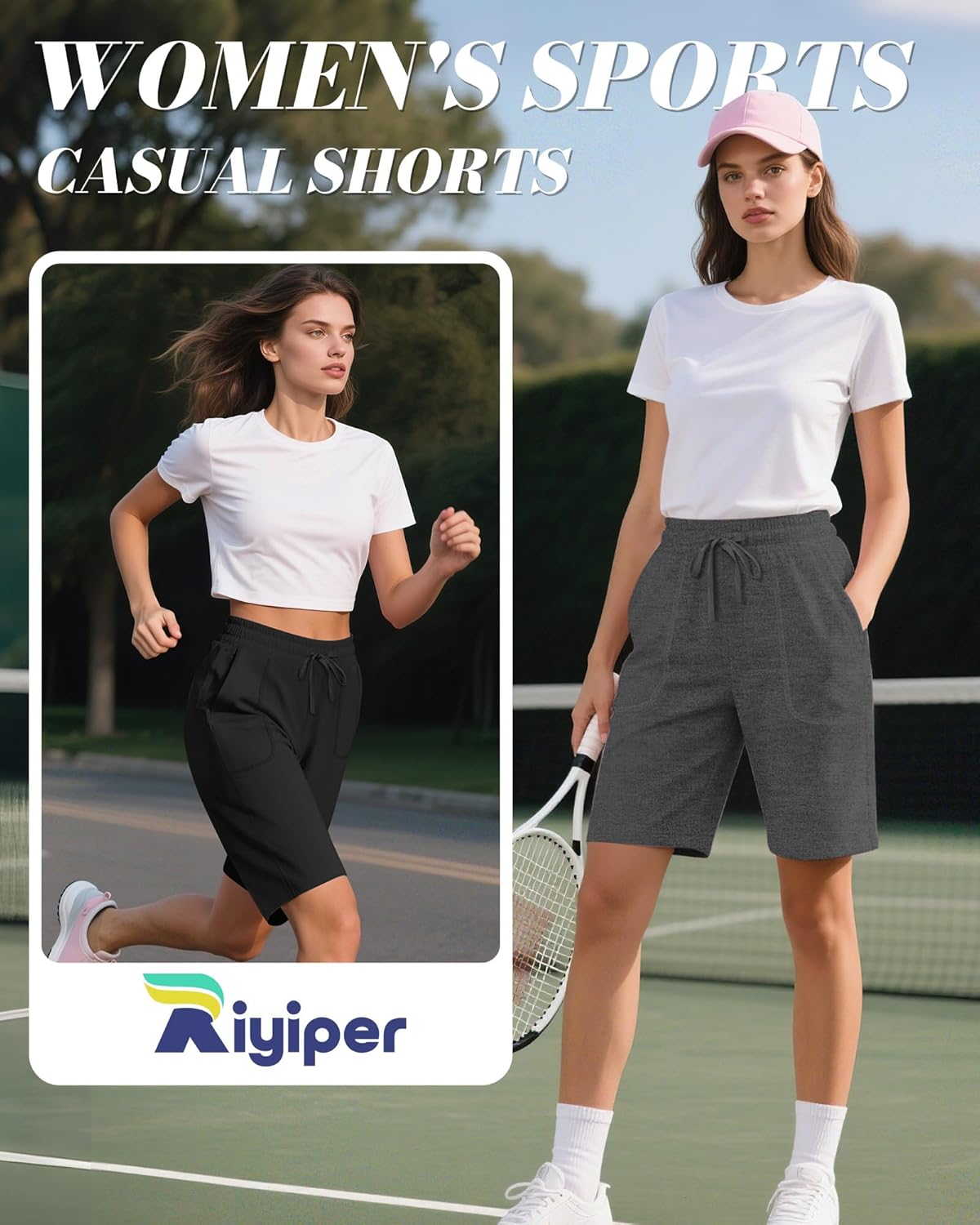 Riyiper 3 Pack Women's Bermuda Athletic Shorts High Waist Drawstring Sweat Knee Length Bottoms with Pockets - Image 4