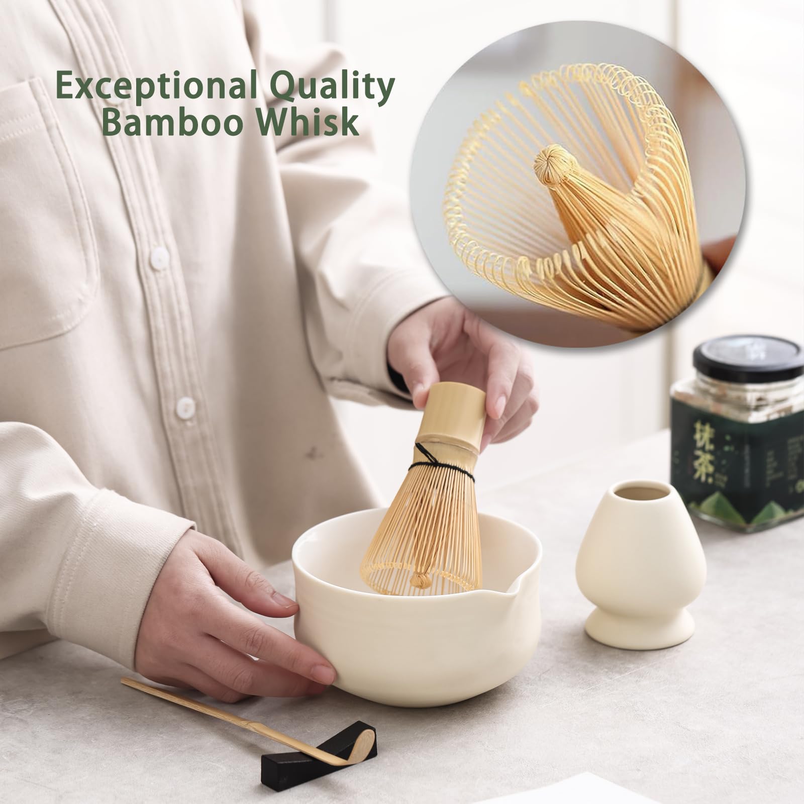 Ochcahser Set per tè matcha, set da tè giapponese include una ciotola con beccuccio, supporto per