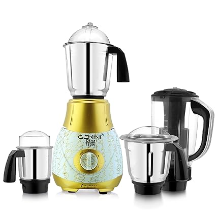 Gemini New Excellent Model RIAA 750-Watts Mixer Grinder with 3 Stainless Steel Jars and 1 ABS Juicer Jar 4R(Dry Jar, Chutney Jar, Liquid, Juicer Jar) Gold-White
