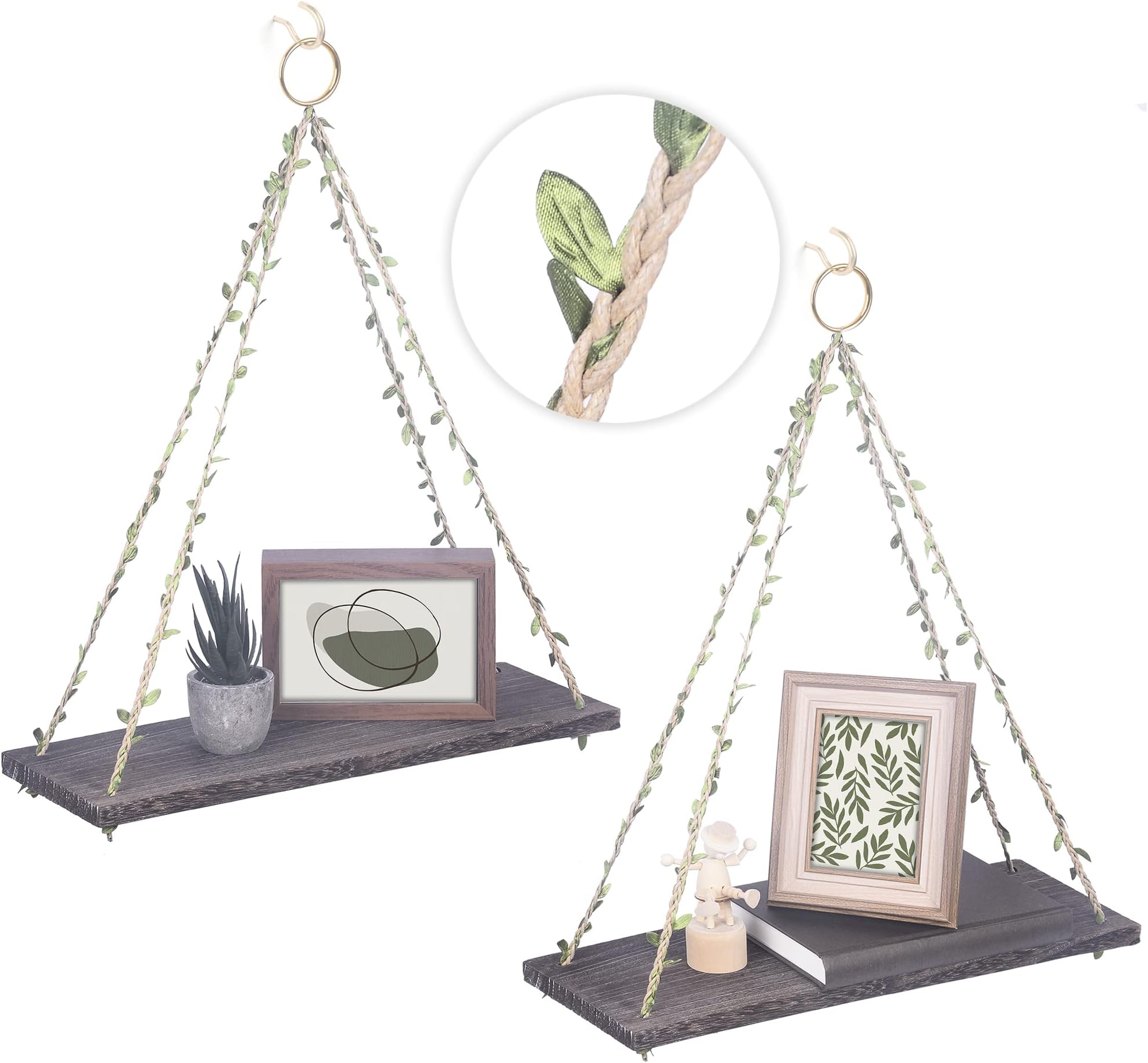 Hanging Shelves for Wall & Window Plant Shelf Indoor - Floating Wall Shelves for Bedroom Bathroom Living Room - Macrame Wall Hanging Shelf - Boho Wall Decor Home (Green Leaf Rope, Retro Color,Large2)