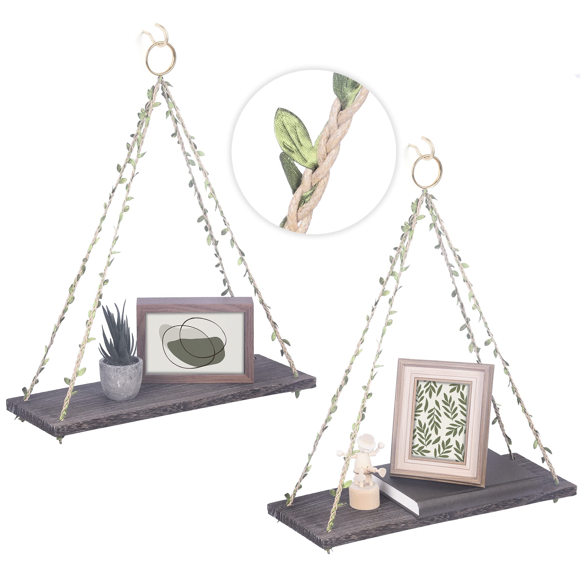 Hanging Shelves for Wall & Window Plant Shelf Indoor - Floating Wall Shelves for Bedroom Bathroom Living Room - Macrame Wall Hanging Shelf - Boho Wall Decor Home (Green Leaf Rope, Retro Color,Large2)