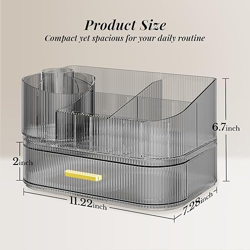 Miniatura 7 de Delamu Organizador de maquillaje para tocador con cajones apilables, soporte giratorio de 360 para brochas de maquillaje, vitrina grande de