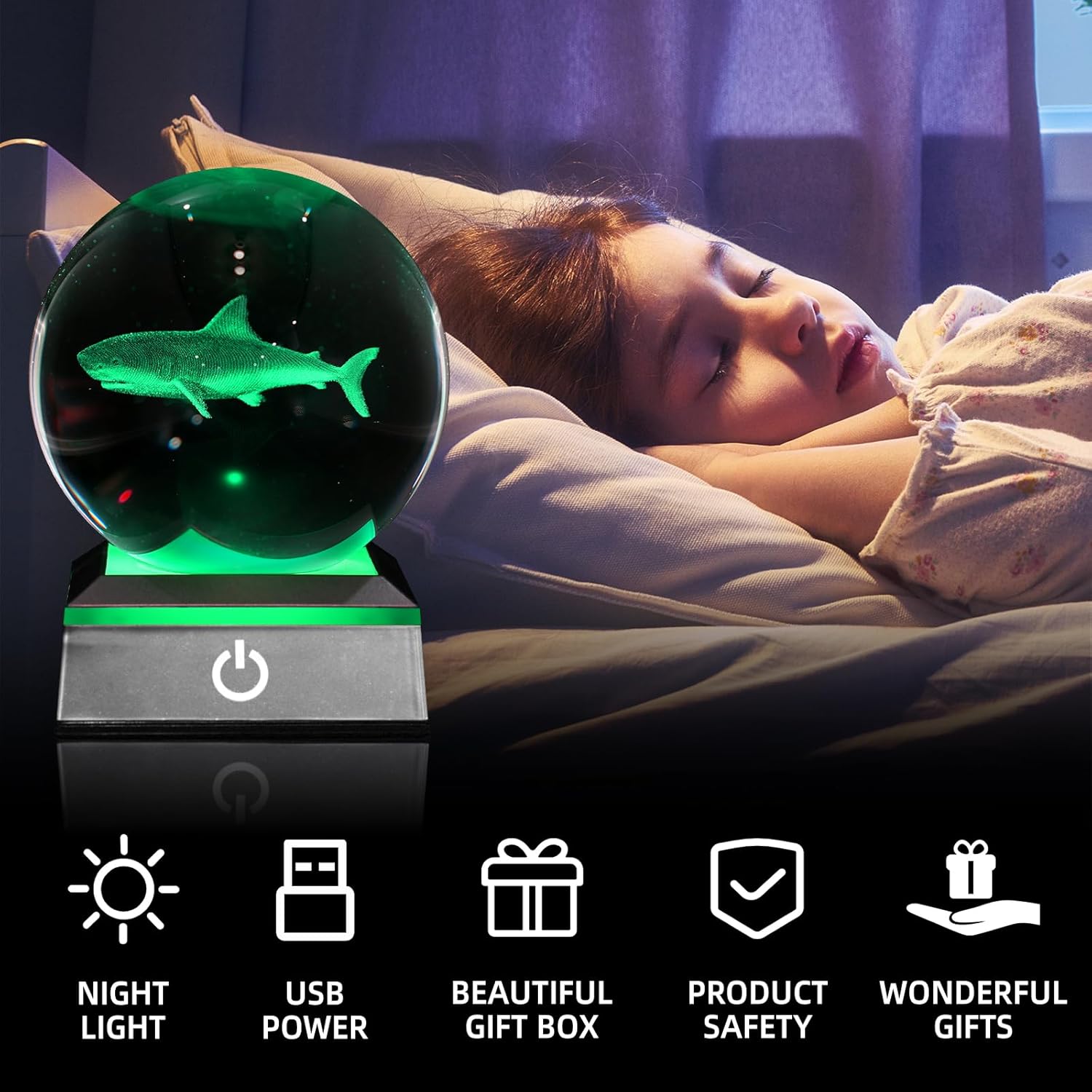3D Shark Crystal Ball Night Light 3.15 inch Glass Ball Table Lamp with Color Changing Touch Base Decor Ideal Sharks Gifts for Friends Kids Christmas Birthday - Image 4