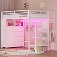 Loft Bed Twin Size with Stairs and Arched Guardrail, Sturdy Metal Slats Support, Space Saving, Noise Free, No Box Spring Needed, Ideal for Kid Room and Dorm, Pink