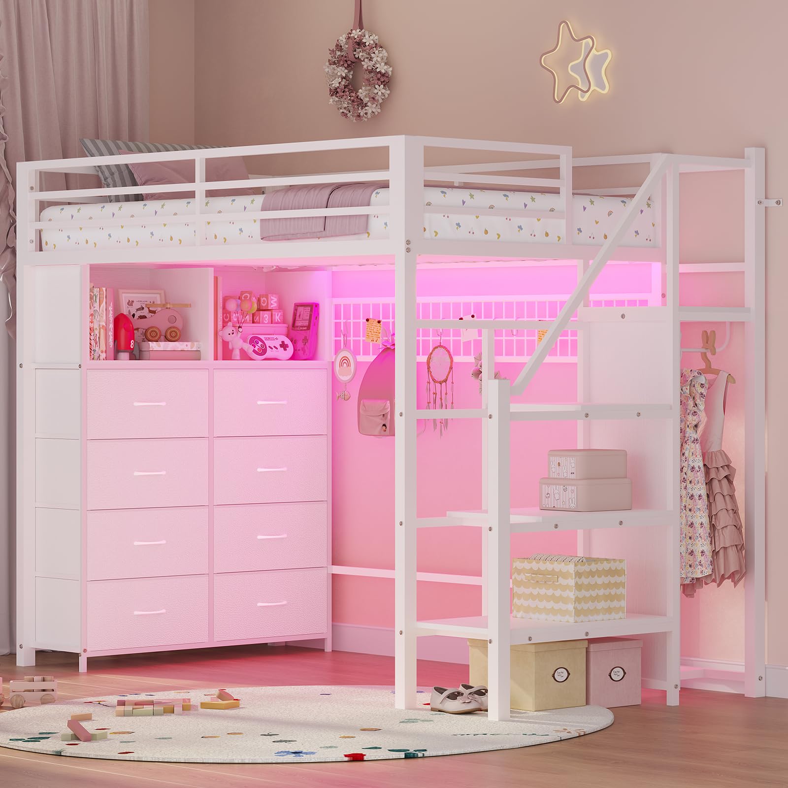 ADORNEVE Twin Size Loft Bed with Storage Stairs, 8 Drawers, Metal Kids Loft Bed Twin with LED Lights, Power Outlet, Shelves and Wardrobe, 13" H Safety