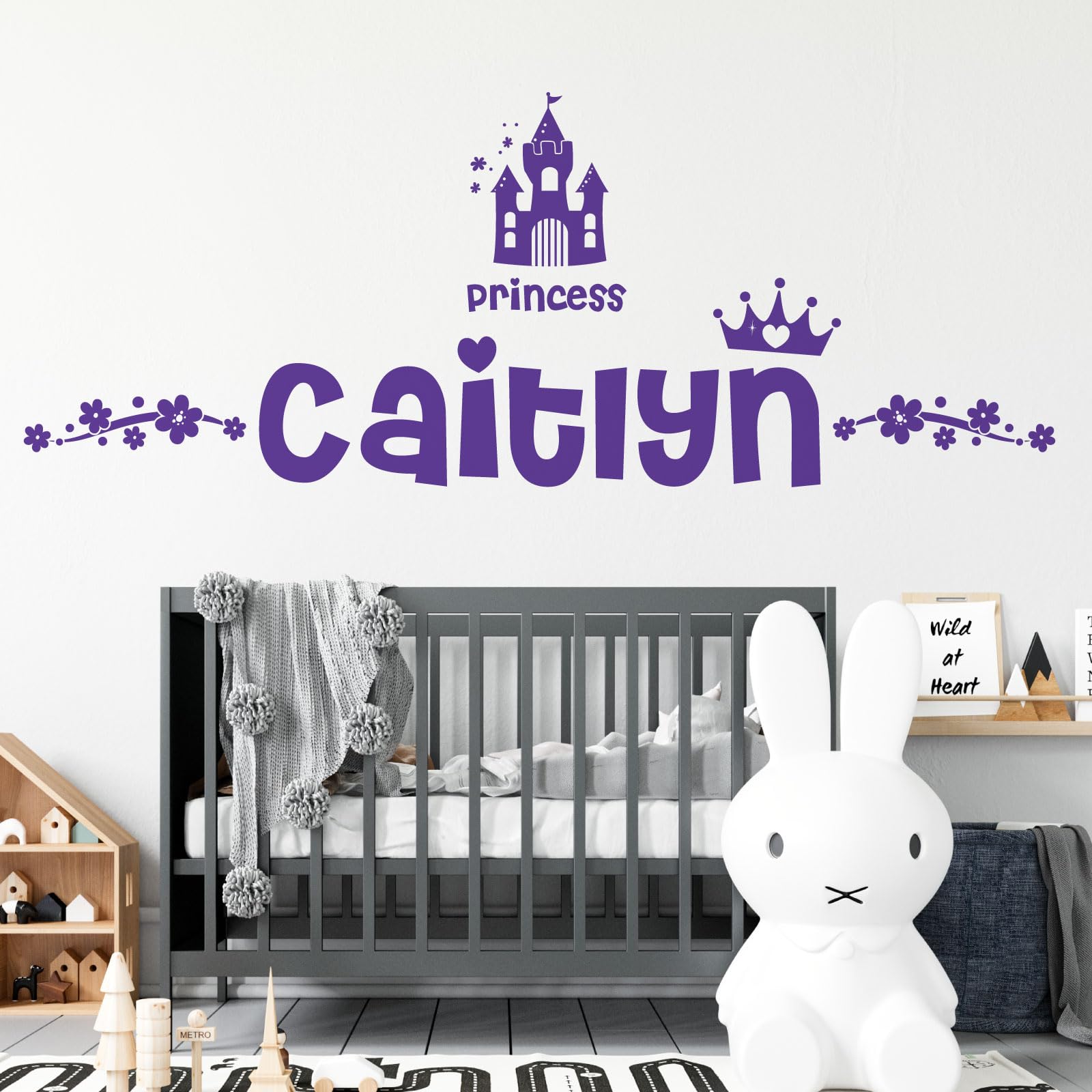 Personalised Name Girls Wall Art Sticker - Princess Disney Castle Crown Floral Motive [Large] [Purple]