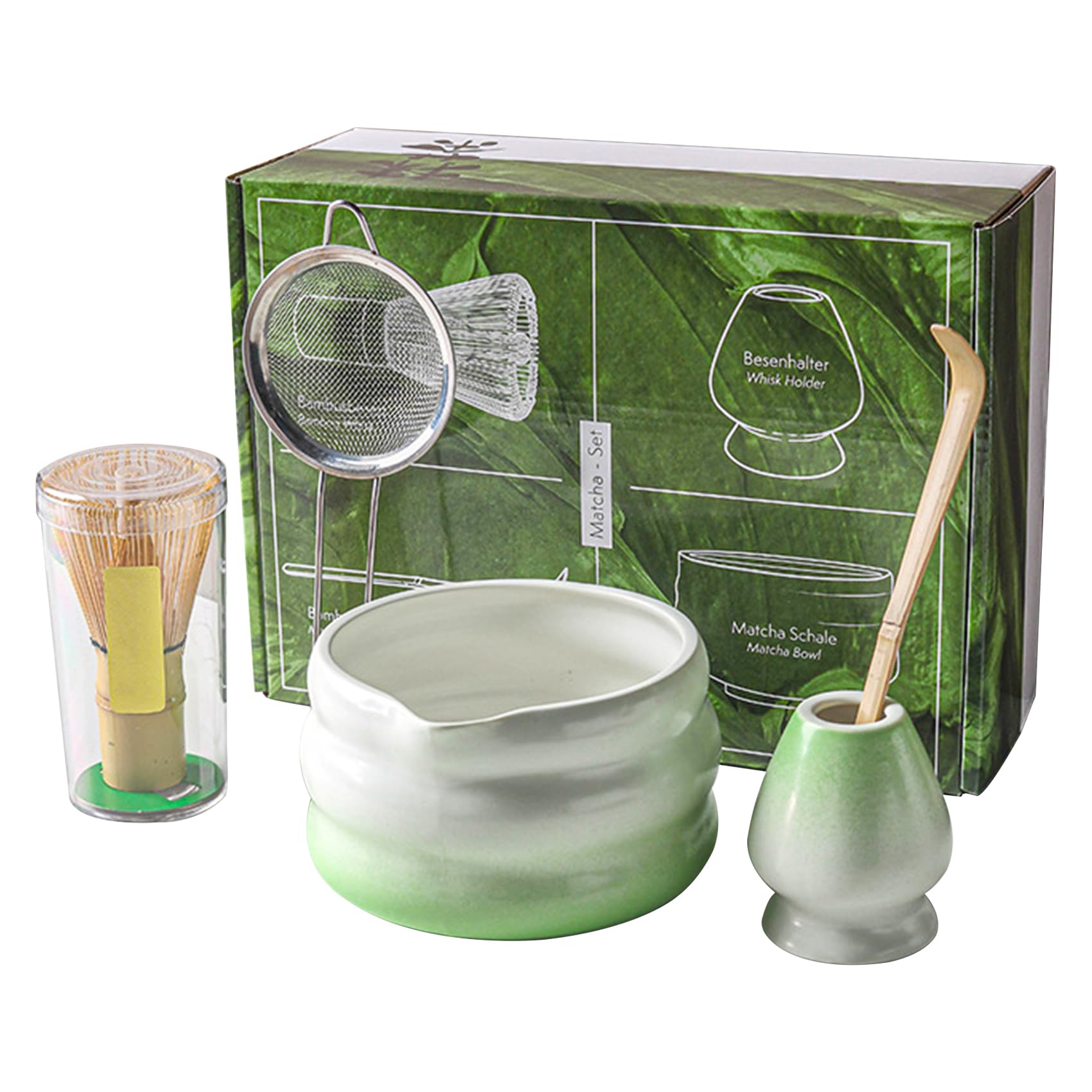 Fouet à matcha authentique et son bol de cérémonie en céramique fine blanc et vert