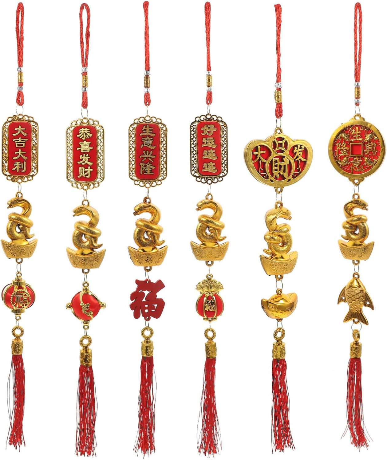 Luxshiny 6Pcs Chinese Snake New Year Lucky Pendant, Feng Shui 2025 New Year Tree Ornament Zodiac Snake Good Fortune Tassel Chinese Goldfish Car Hanging Decor