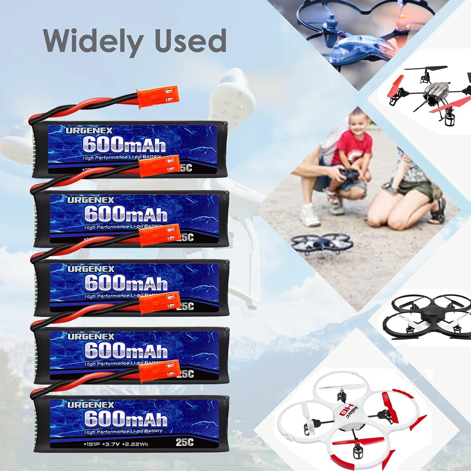 URGENEX 3.7v Lipo Battery 600mAh with JST Plug 1S Li-Po Battery with X5 Battery Charger for UDI U817 U817A V959 V222 V929 RC Drone Quadcopter 5PCS Aircraft Batteries