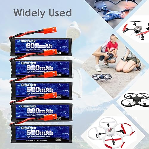 Miniatura 6 de URGENEX 3.7 V Lipo Batería 600 mAh con JST Plug 1S Li-Po Batería con Cargador de Batería X5 para UDI U817 U817A V959 V222 V929 RC Drone Quadcopter