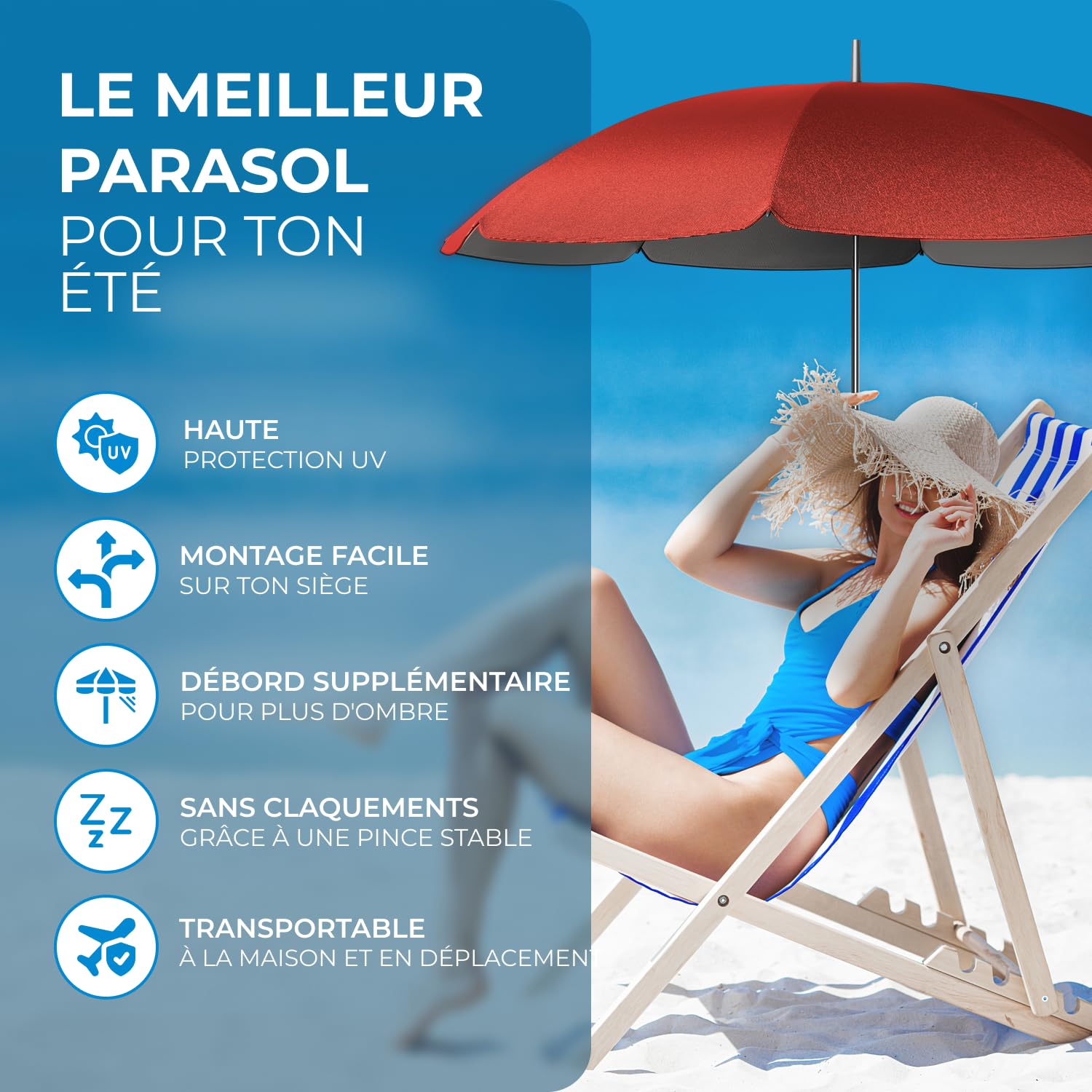 STYNGARD SAN FRANCISCO Parasol de Chaise et Transat pour Camping I Parasol Clipsable avec Pince Universelle, Protection UV 50+, Dôme 120 cm I Convient Balcon, Chaise Longue et Chaise de Camping
