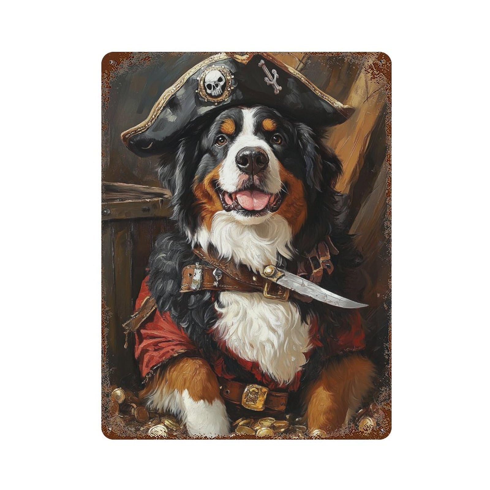 Distressed Metal Wall Sign Pirate Dog Treasure Chest-4 15.7"x11.8", Vintage Wall Decor for Garage, Bar And Workshop Decor