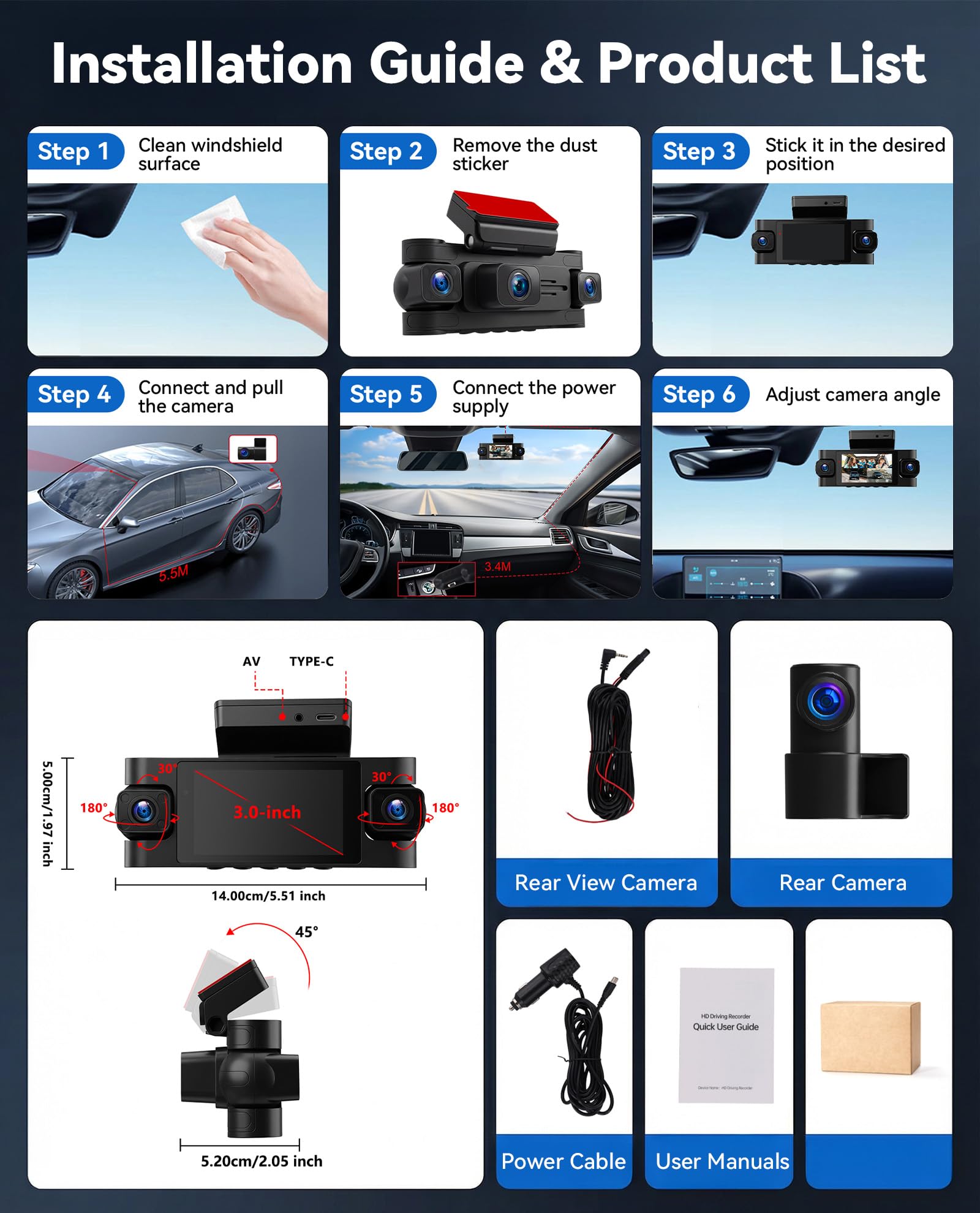 SIXWIN 360° Dashcam 2K con Pantalla de 3", Cámara para Auto con 2K + 3 x 1080P, Visión Nocturna, WiFi, Control por App, GPS, Sensor G, Estacionamiento 24/7, Grabación en Bucle, Universal